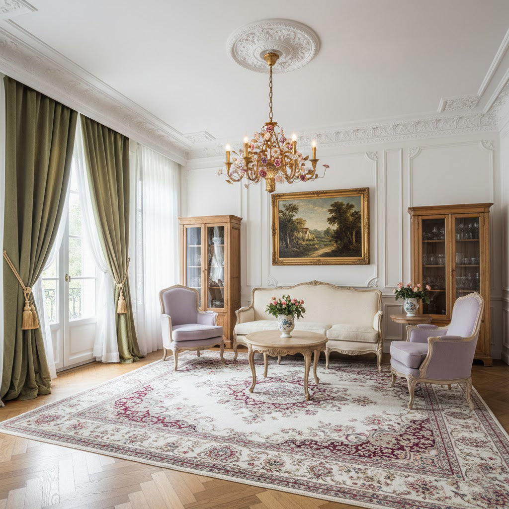 The chandelier hanging in a foyer, creating an elegant entryway.