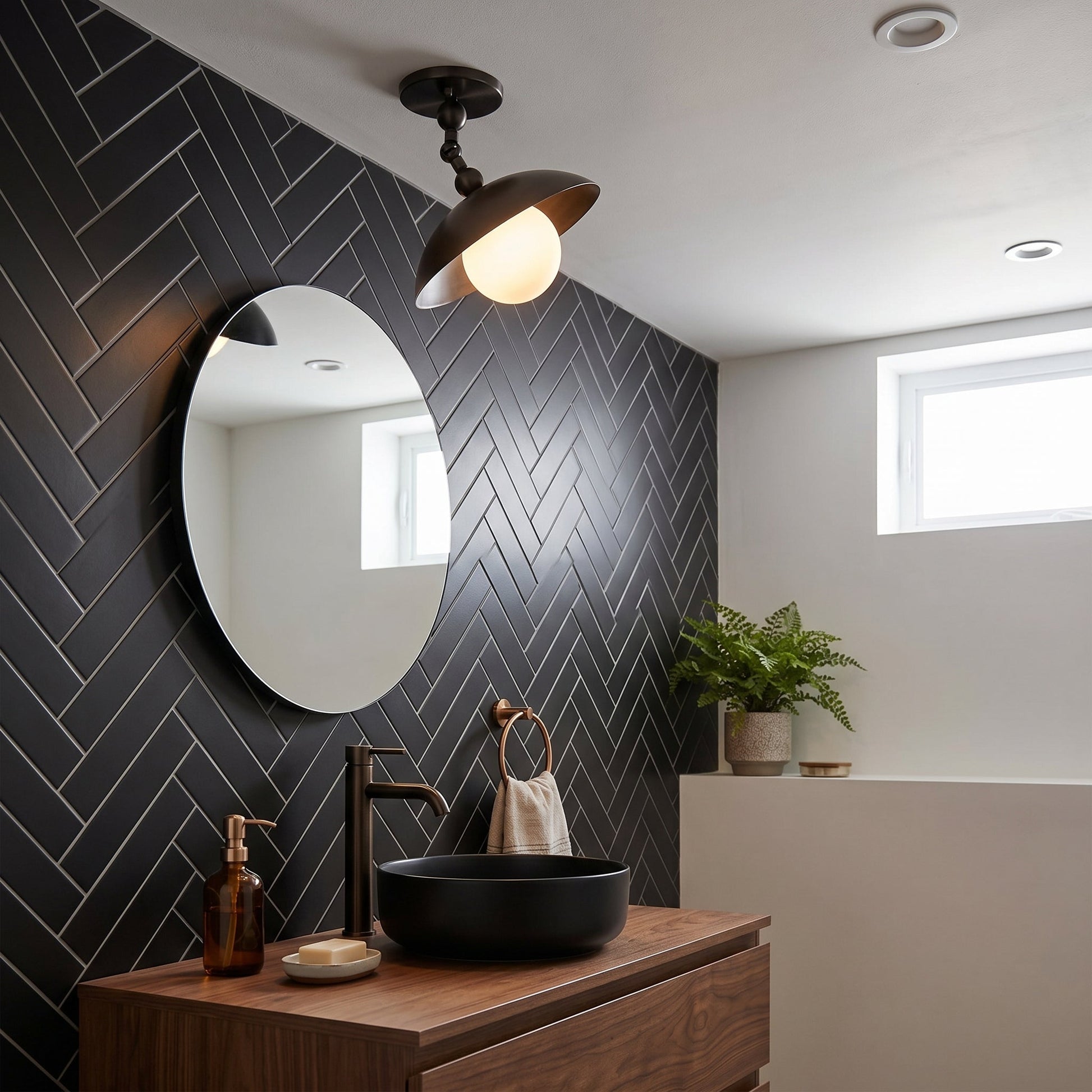 Lifestyle image of the Marie Petite Ceiling Lamp in a mid-century modern bedroom.