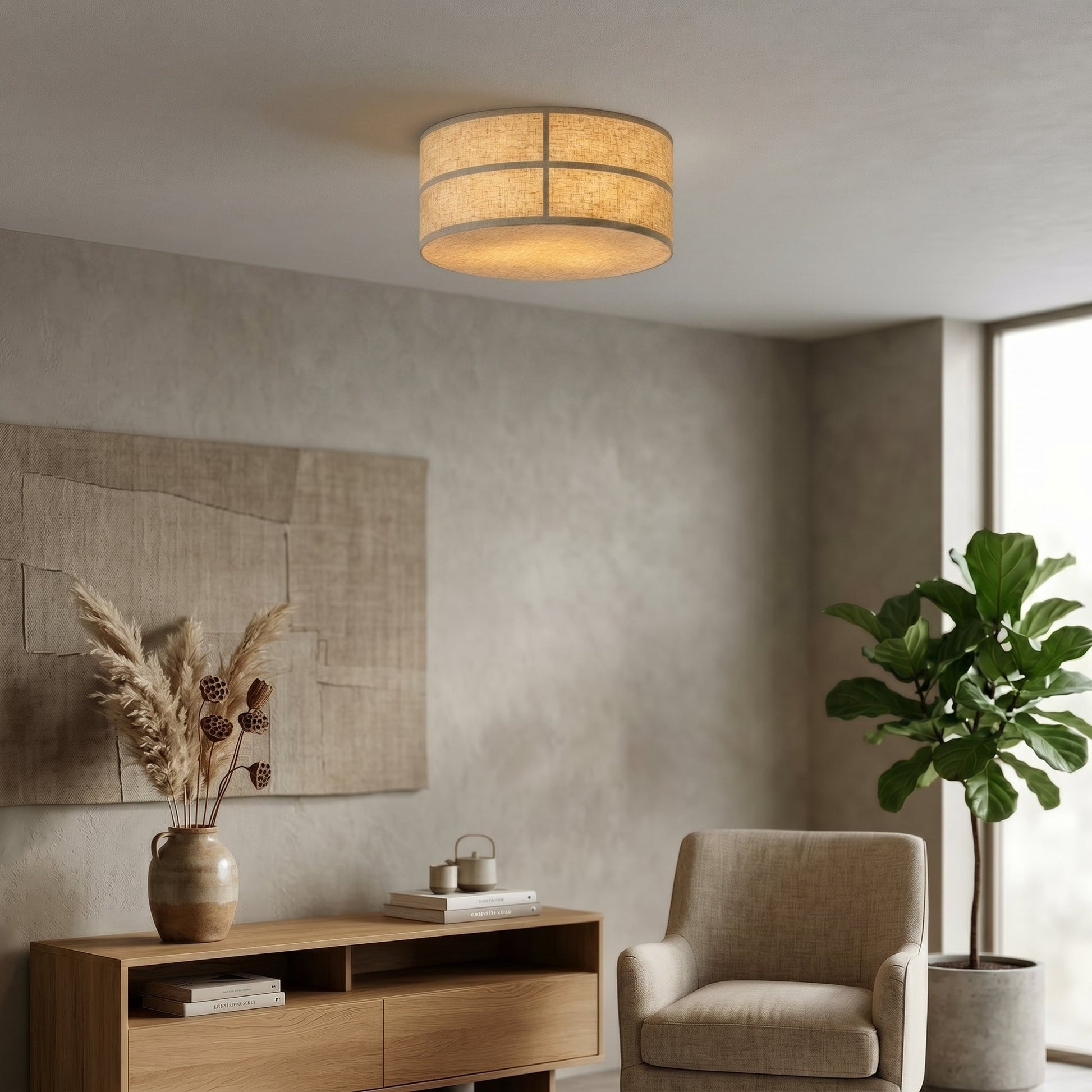 Hashira Ceiling Lamp installed in a minimalist living room, providing ambient light.