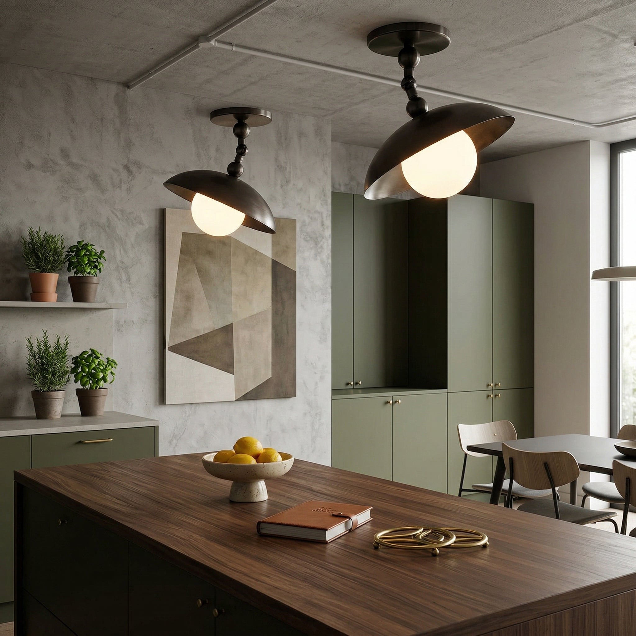 The lamp's warm light reflecting on a wooden ceiling.