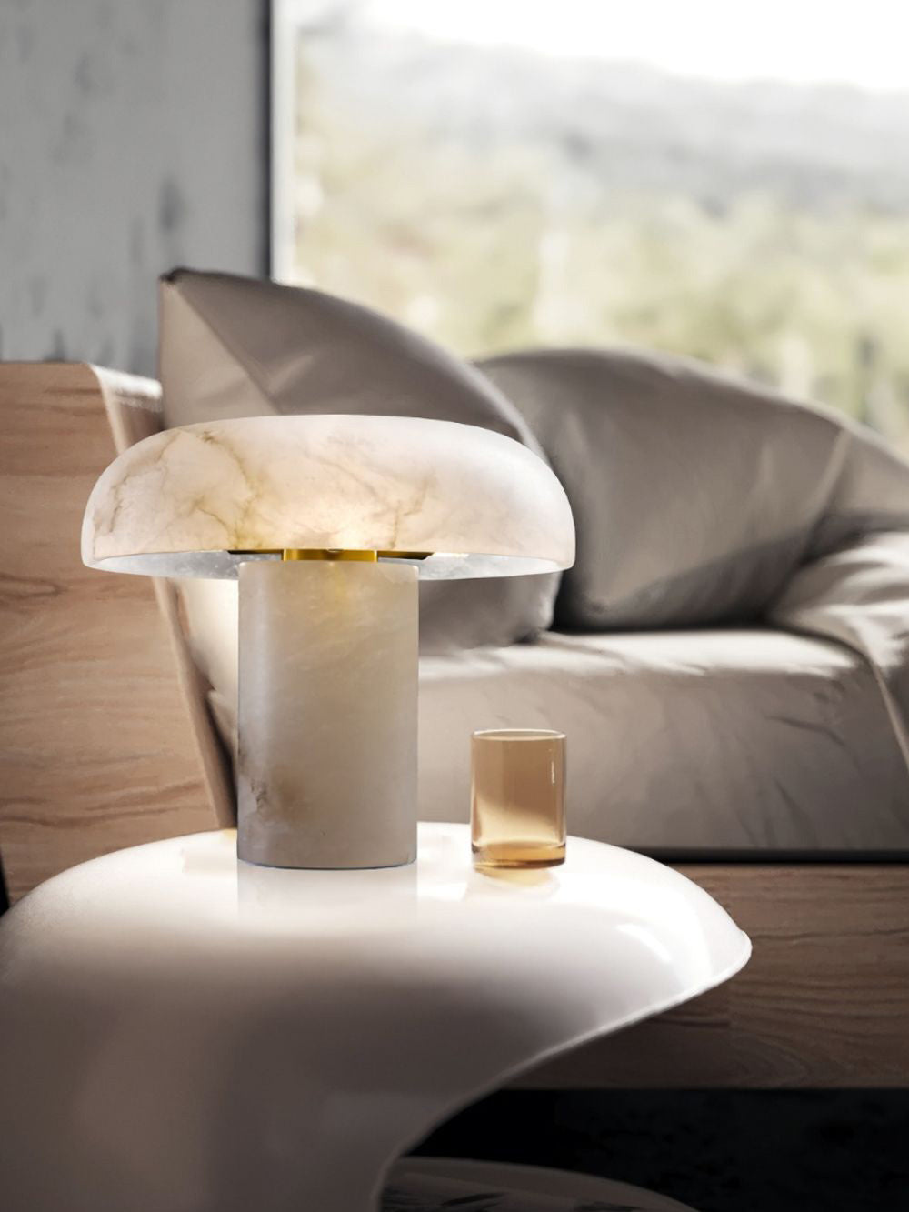 Table Lamp Alabaster Mushroom Shade Brass Base Sculptural Warm
