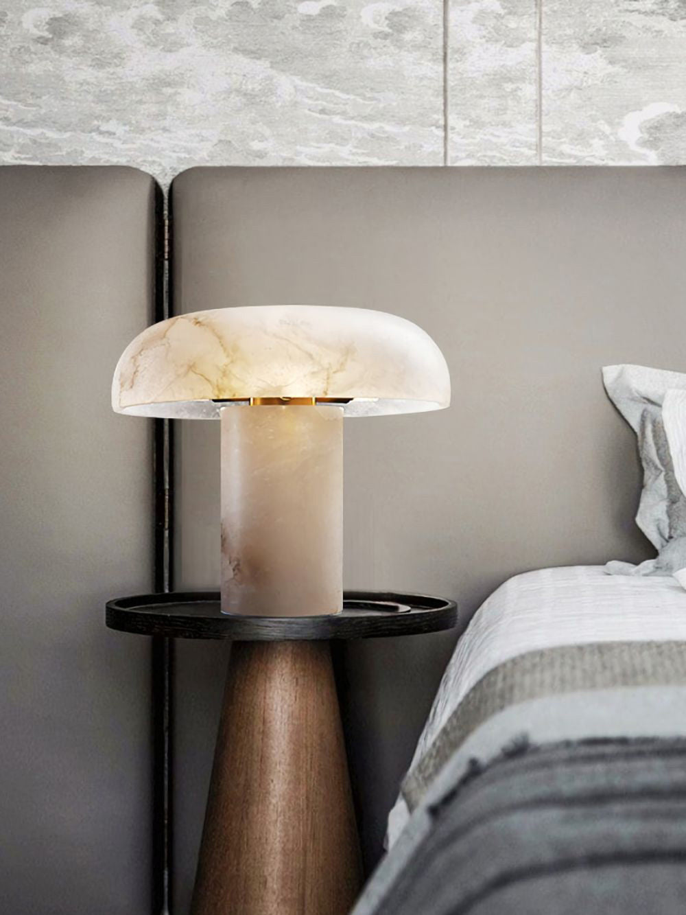 Table Lamp Alabaster Mushroom Shade Brass Base Sculptural Warm