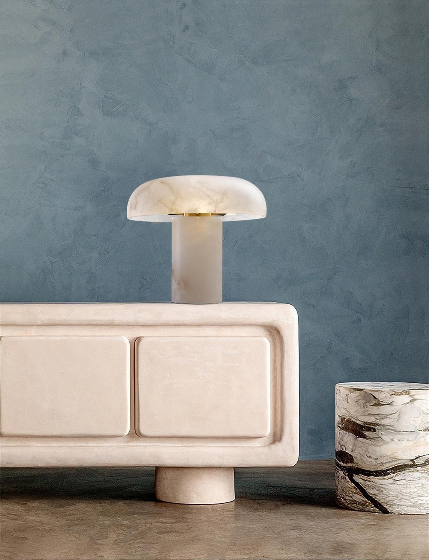 Table Lamp Alabaster Mushroom Shade Brass Base Sculptural Warm