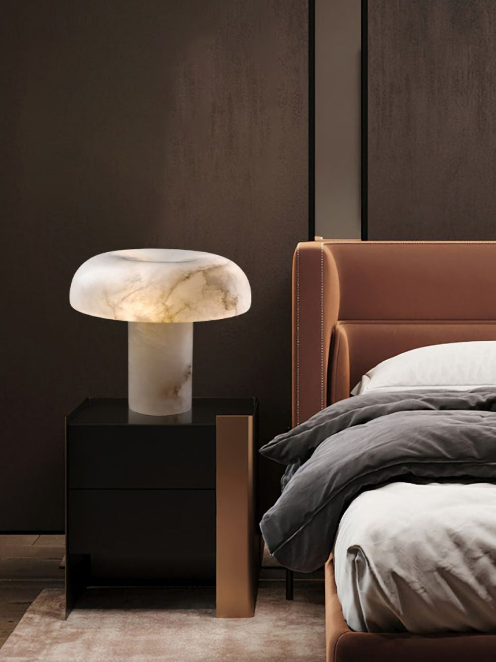 Table Lamp Alabaster Mushroom Shade Brass Base Sculptural Warm
