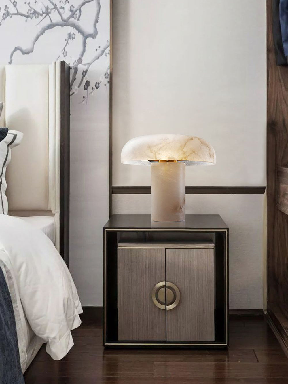 Table Lamp Alabaster Mushroom Shade Brass Base Sculptural Warm