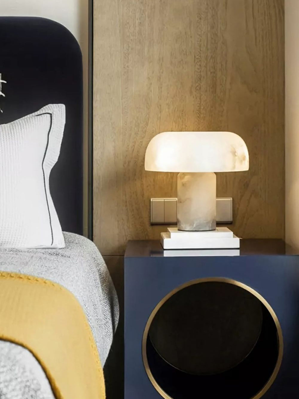 Table Lamp Alabaster Mushroom Shade Brass Base Sculptural Warm