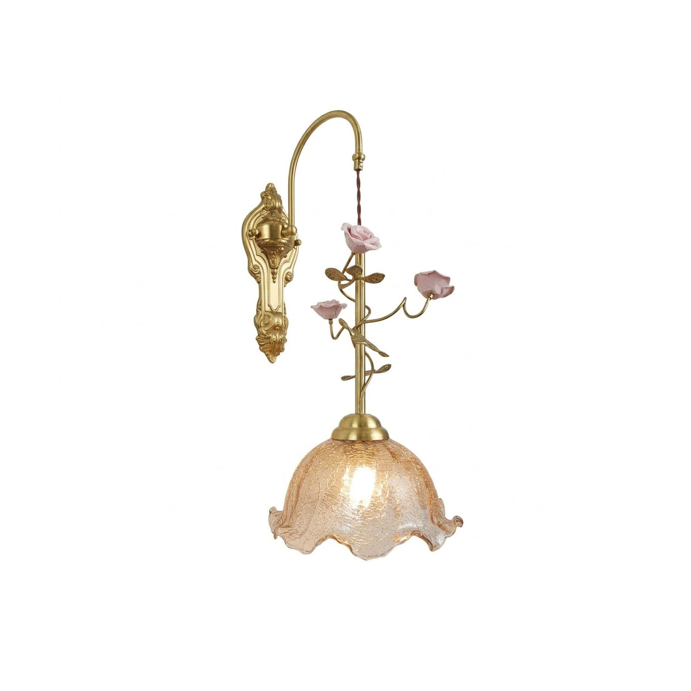 Marilee Wall Lamp with brass body and cognac glass shade.