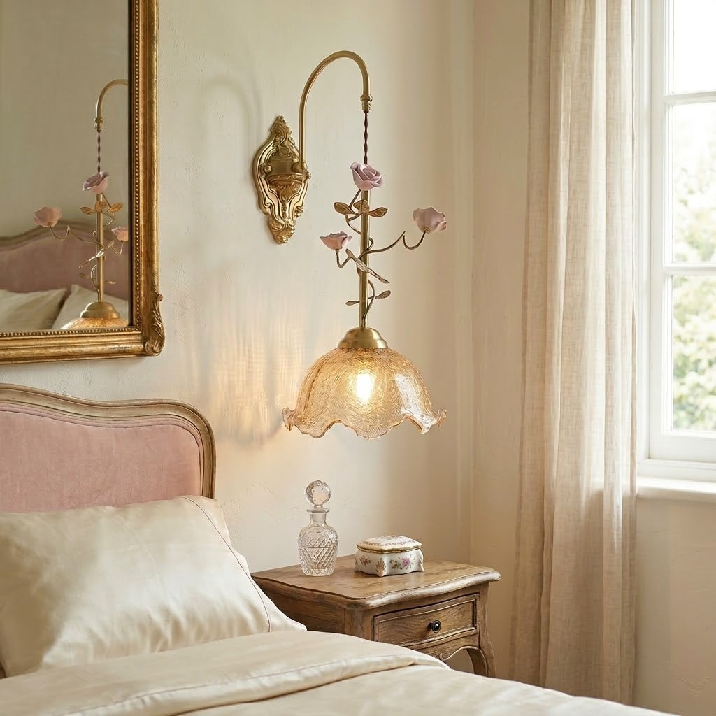 Front view of the Marilee Wall Lamp highlighting the ceramic flower detail.