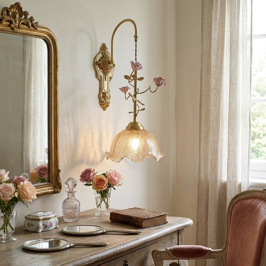 Close-up of the glass shade and brass fixture.