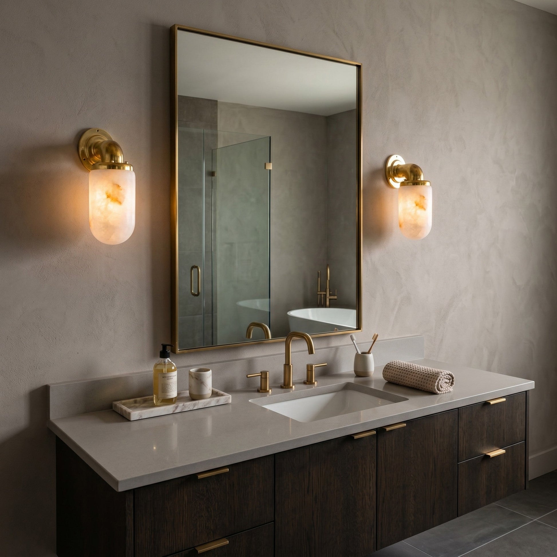 The Marine Alabaster Wall Sconce shown in a coastal-themed bedroom.