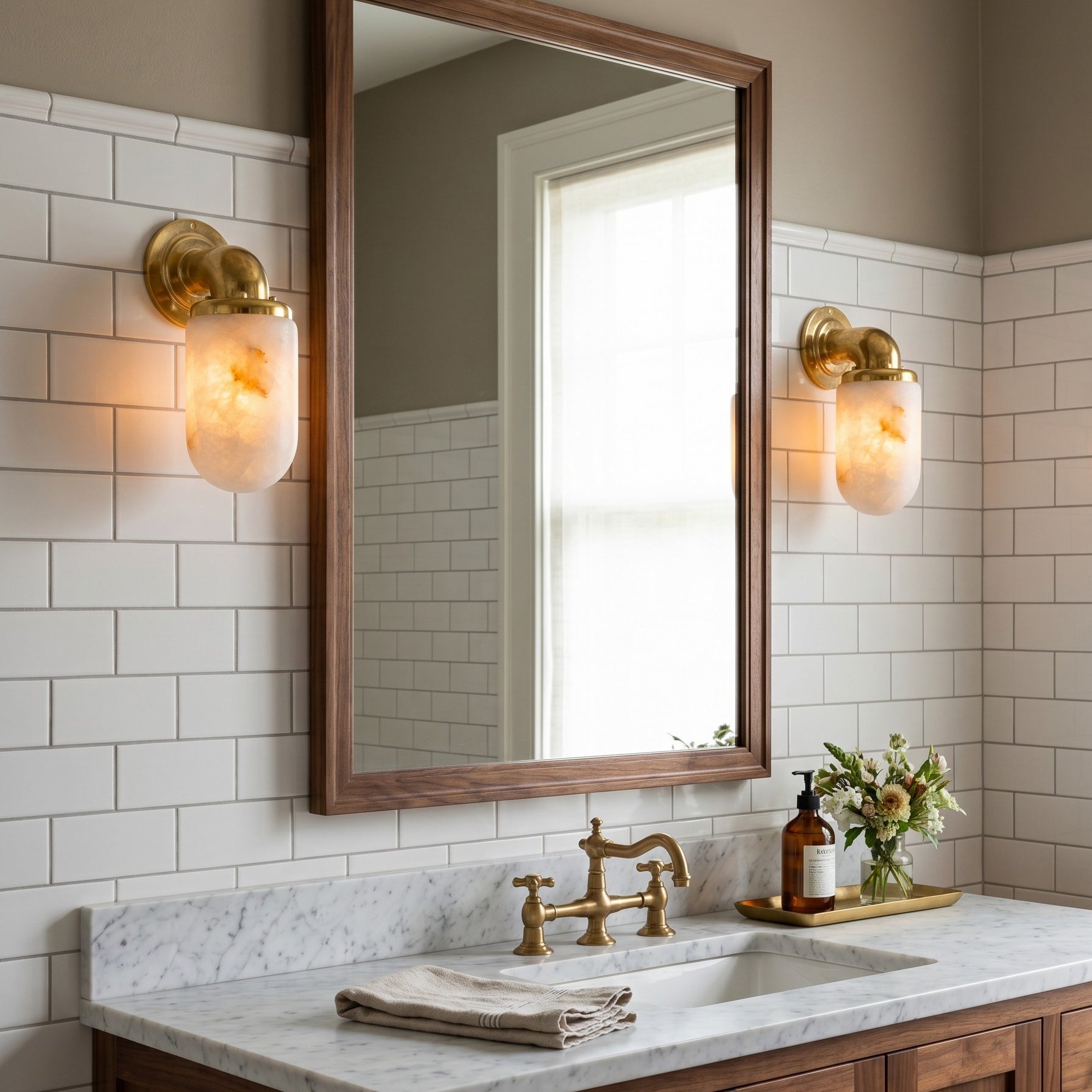 Close-up view of the natural veining in the alabaster shade of the wall sconce.