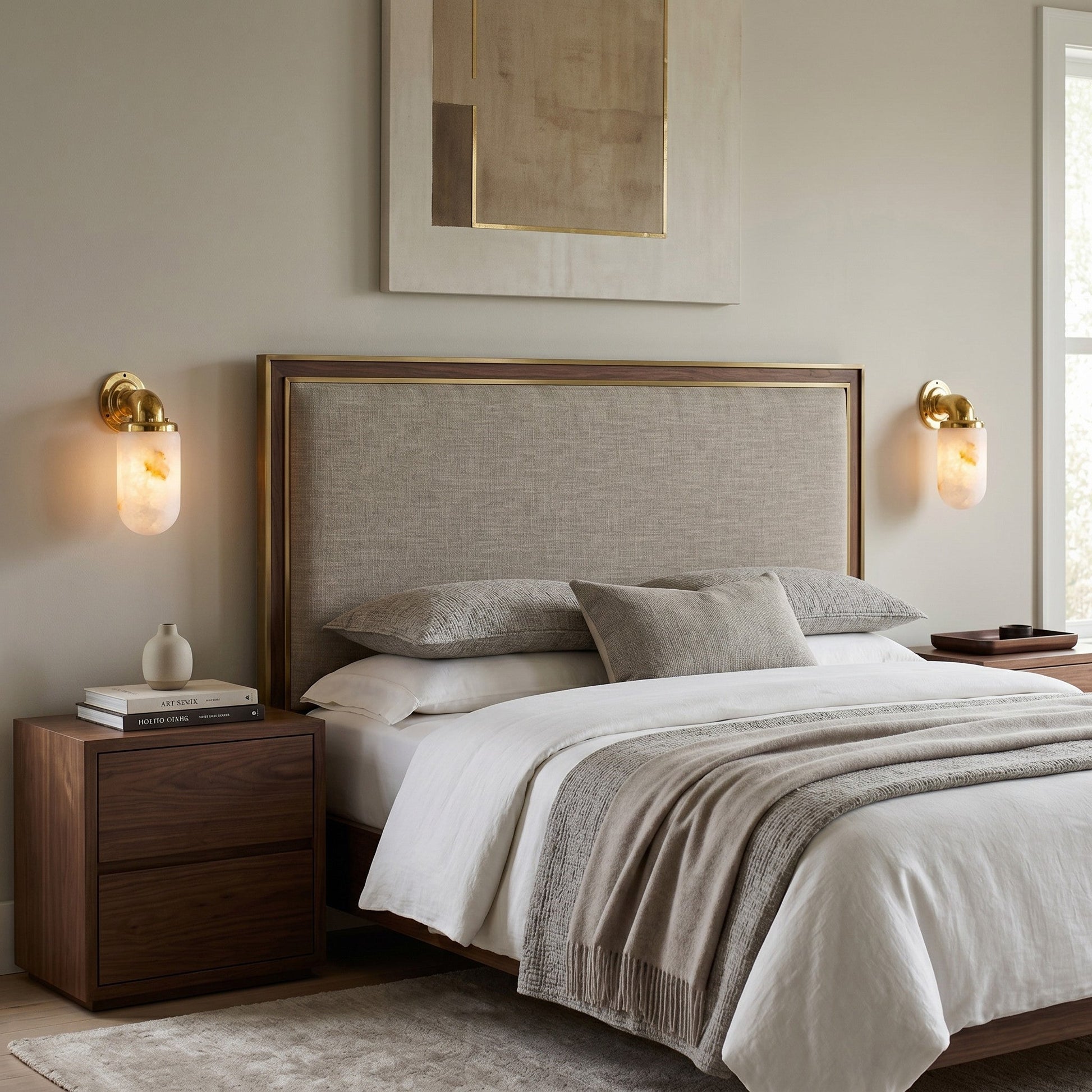 The wall sconce illuminated, casting a warm, soft glow.