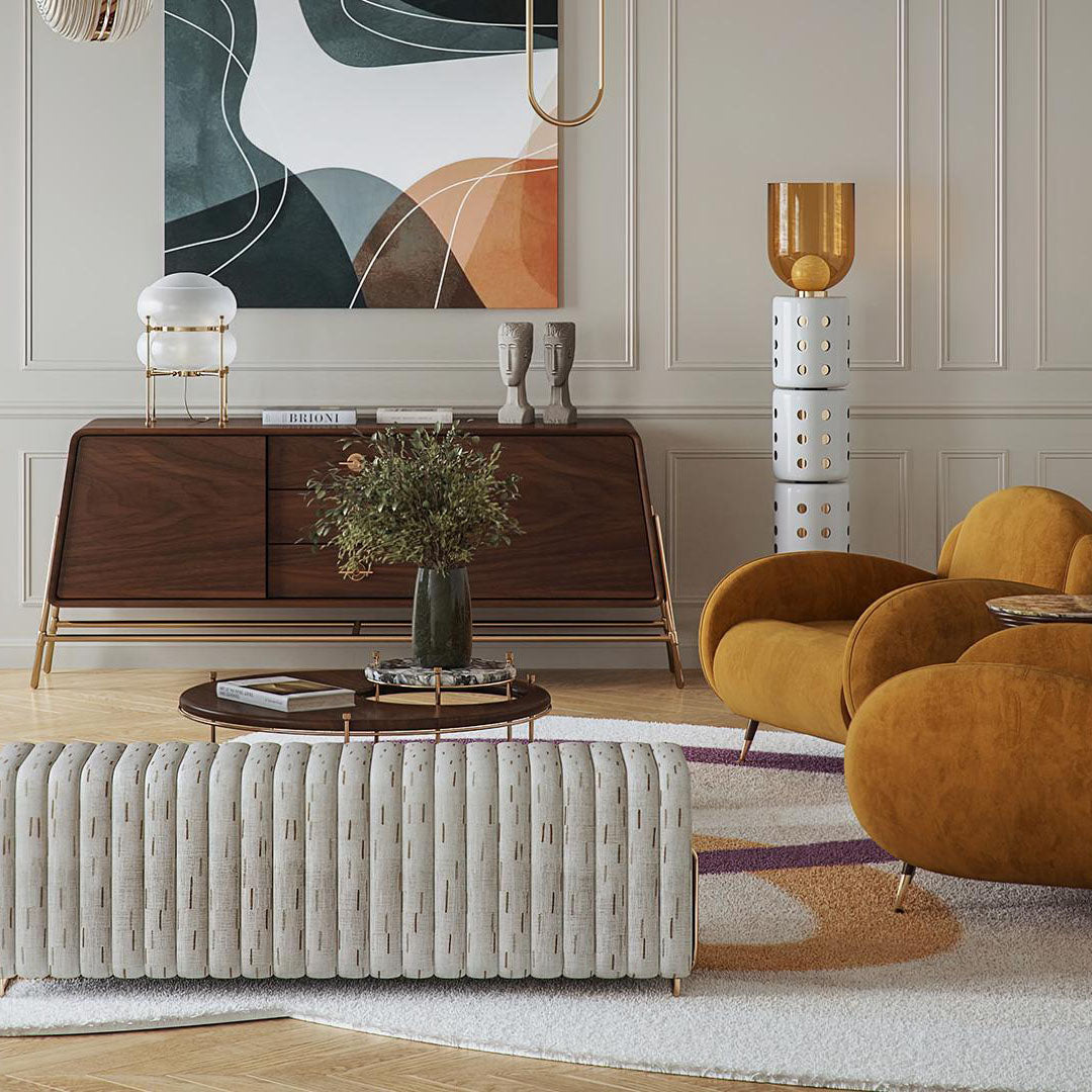 Detail shot of the metal body and base of the Marlon Floor Lamp.