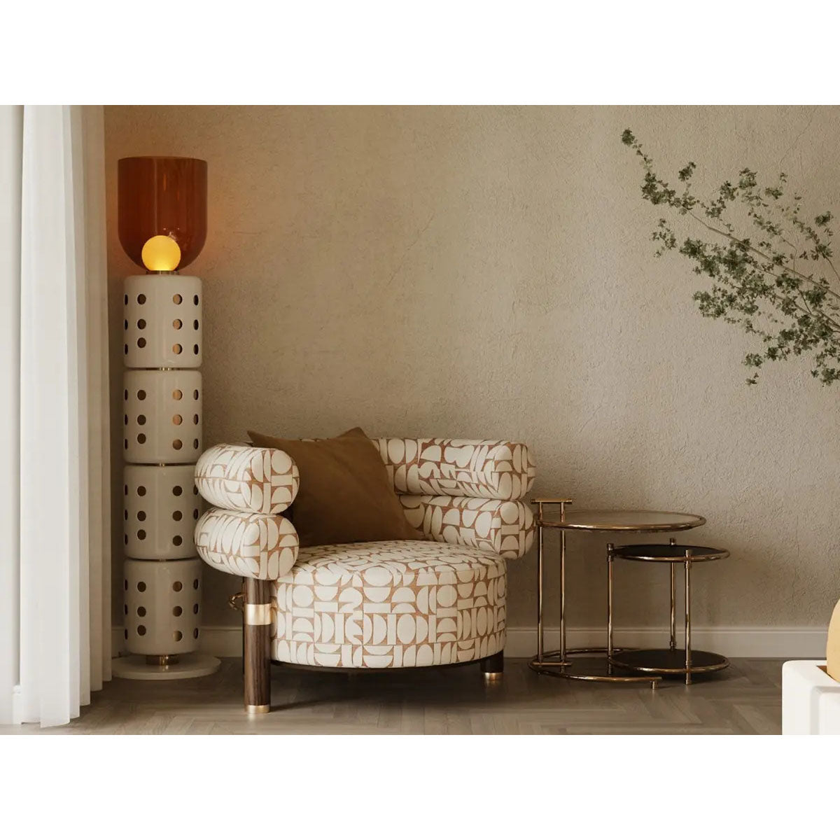 The Marlon Floor Lamp with the light turned on, showing its warm glow.