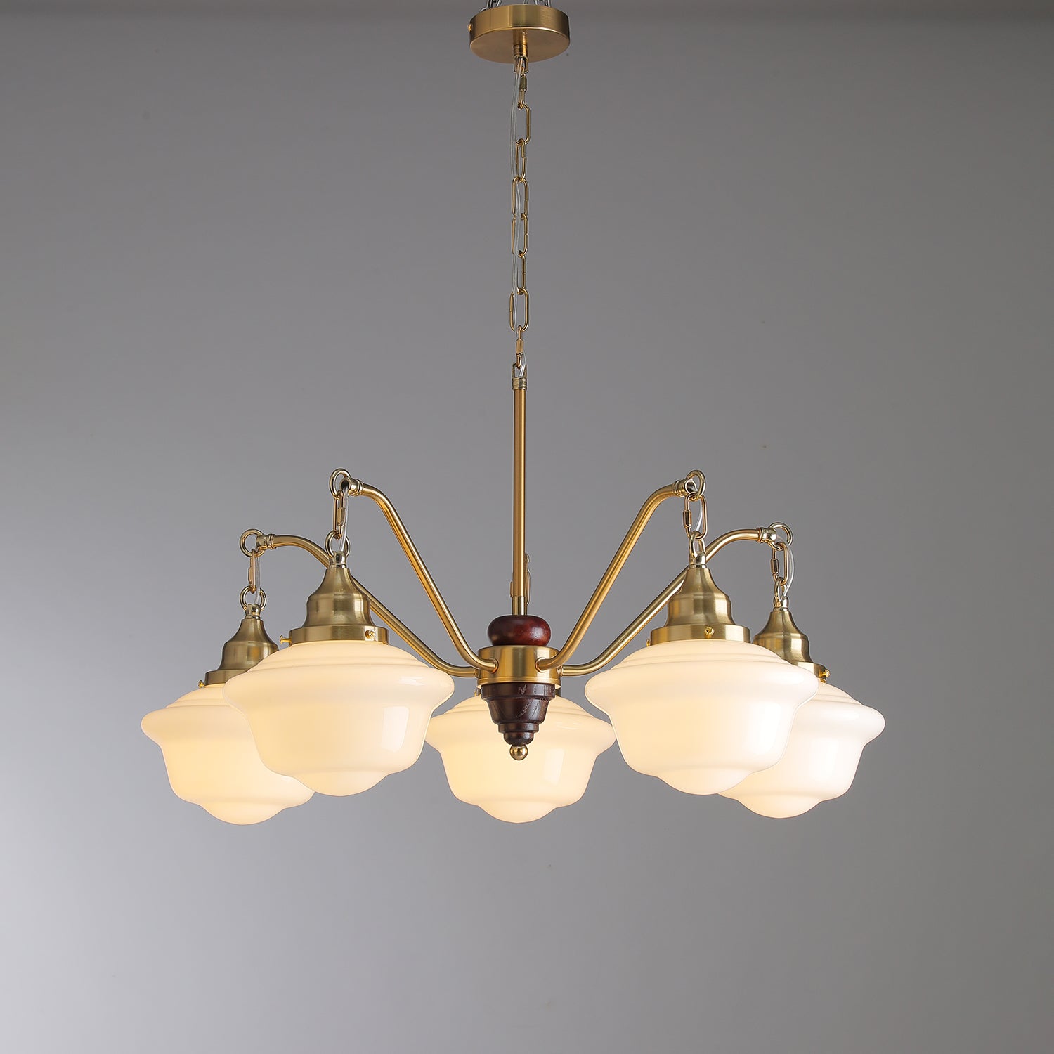 Lustra Chandelier Brass Wood Frosted Glass Classic-Neutral Decor