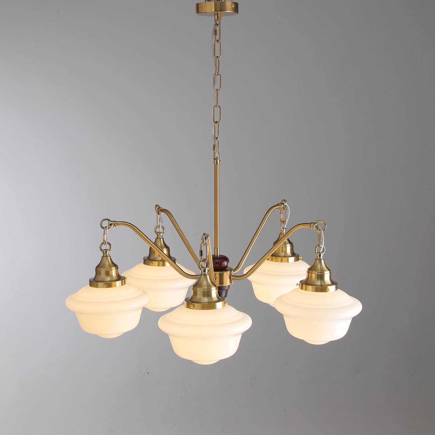 Lustra Chandelier Brass Wood Frosted Glass Classic-Neutral Decor