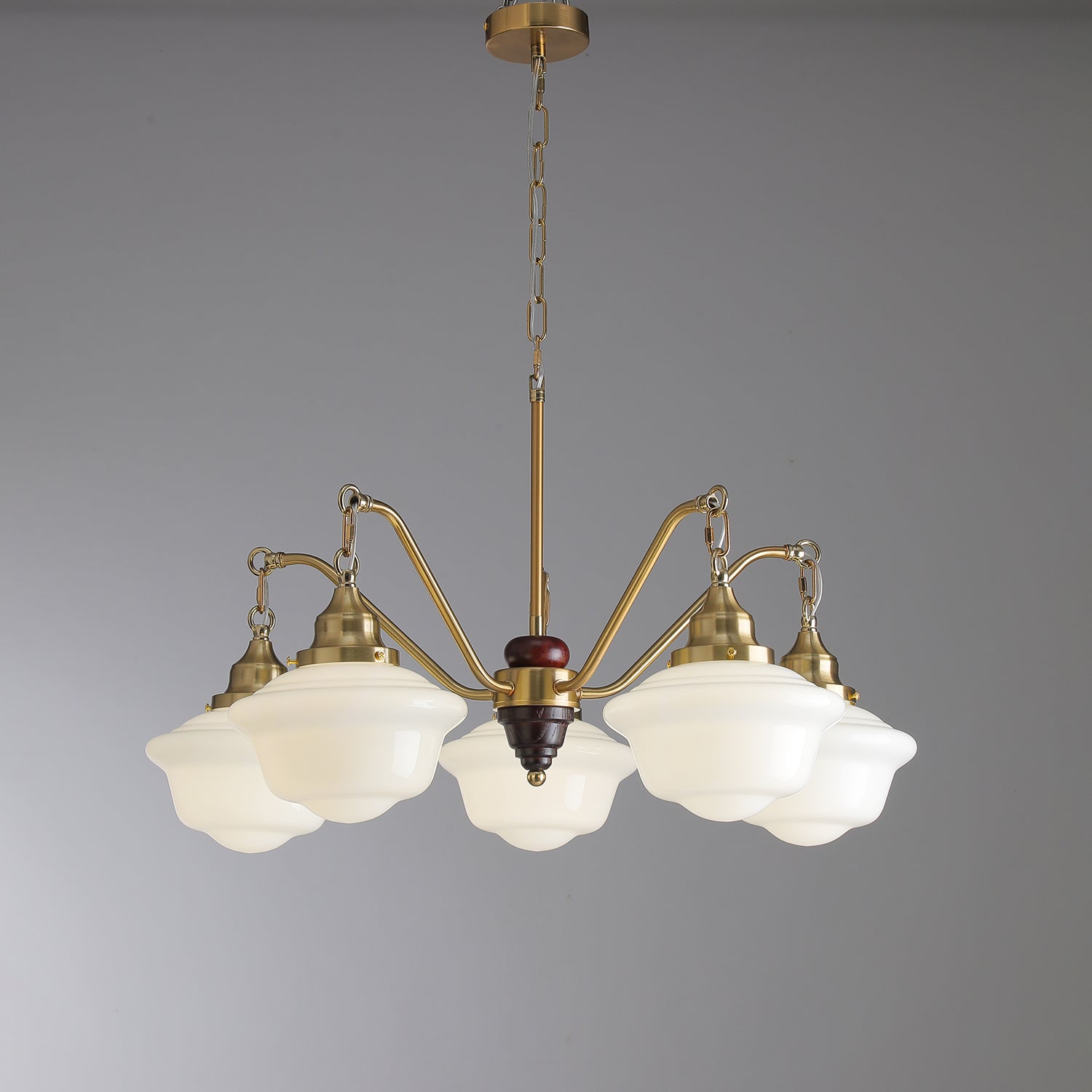 Lustra Chandelier Brass Wood Frosted Glass Classic-Neutral Decor