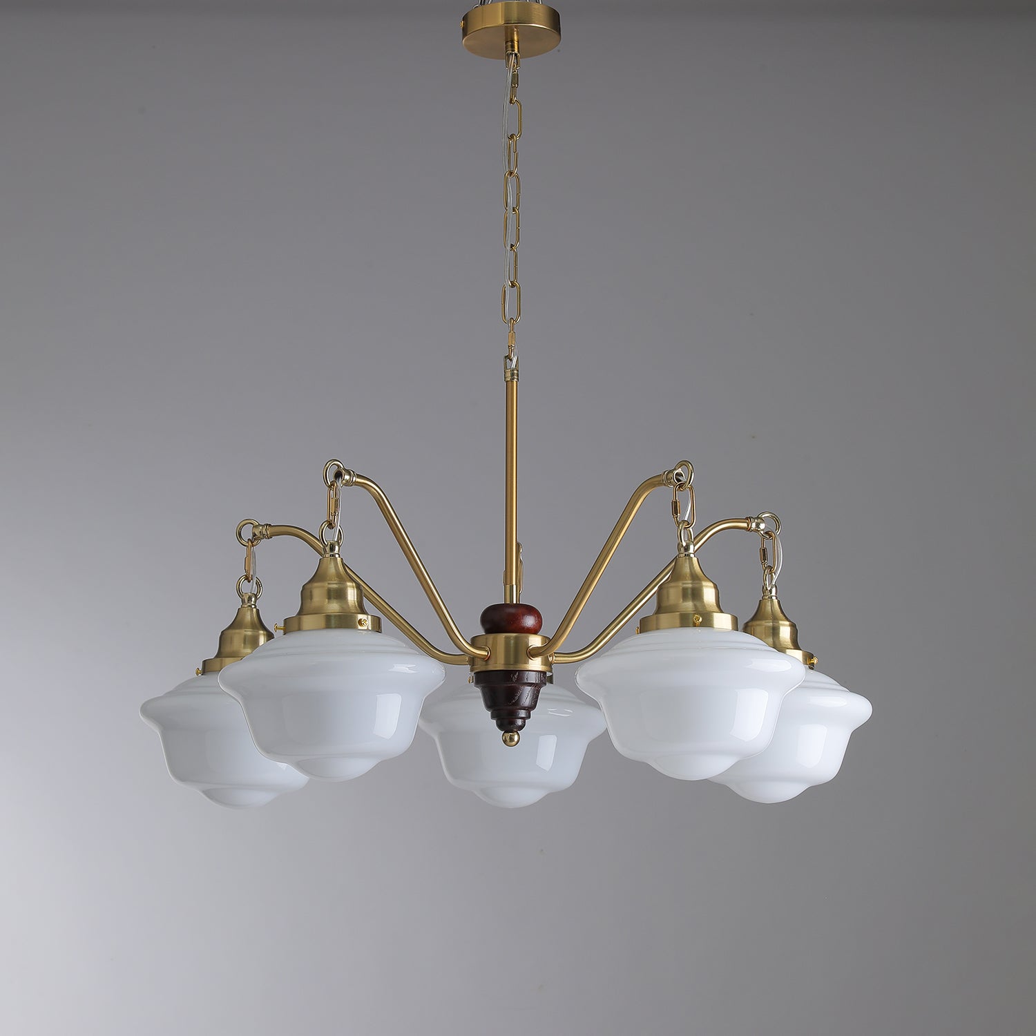 Lustra Chandelier Brass Wood Frosted Glass Classic-Neutral Decor
