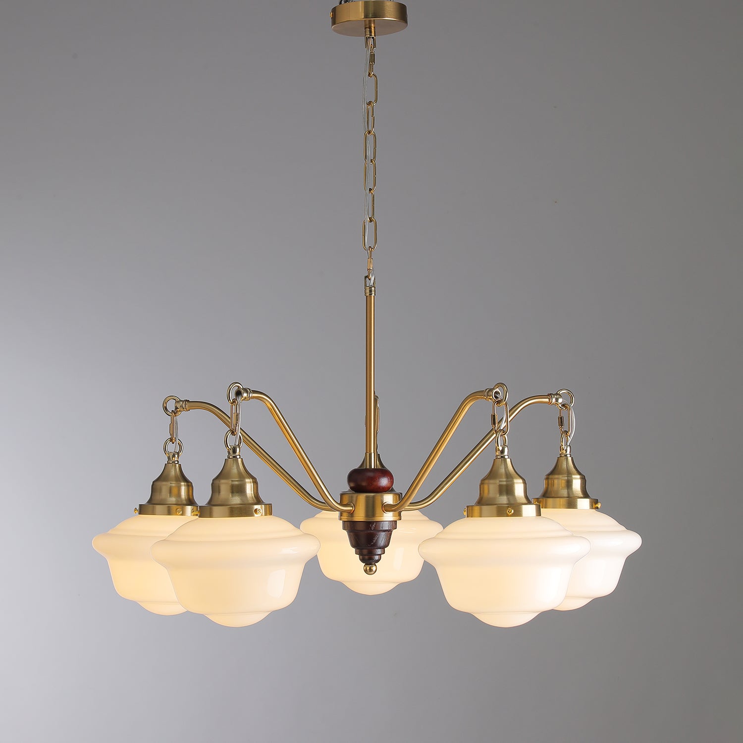 Lustra Chandelier Brass Wood Frosted Glass Classic-Neutral Decor