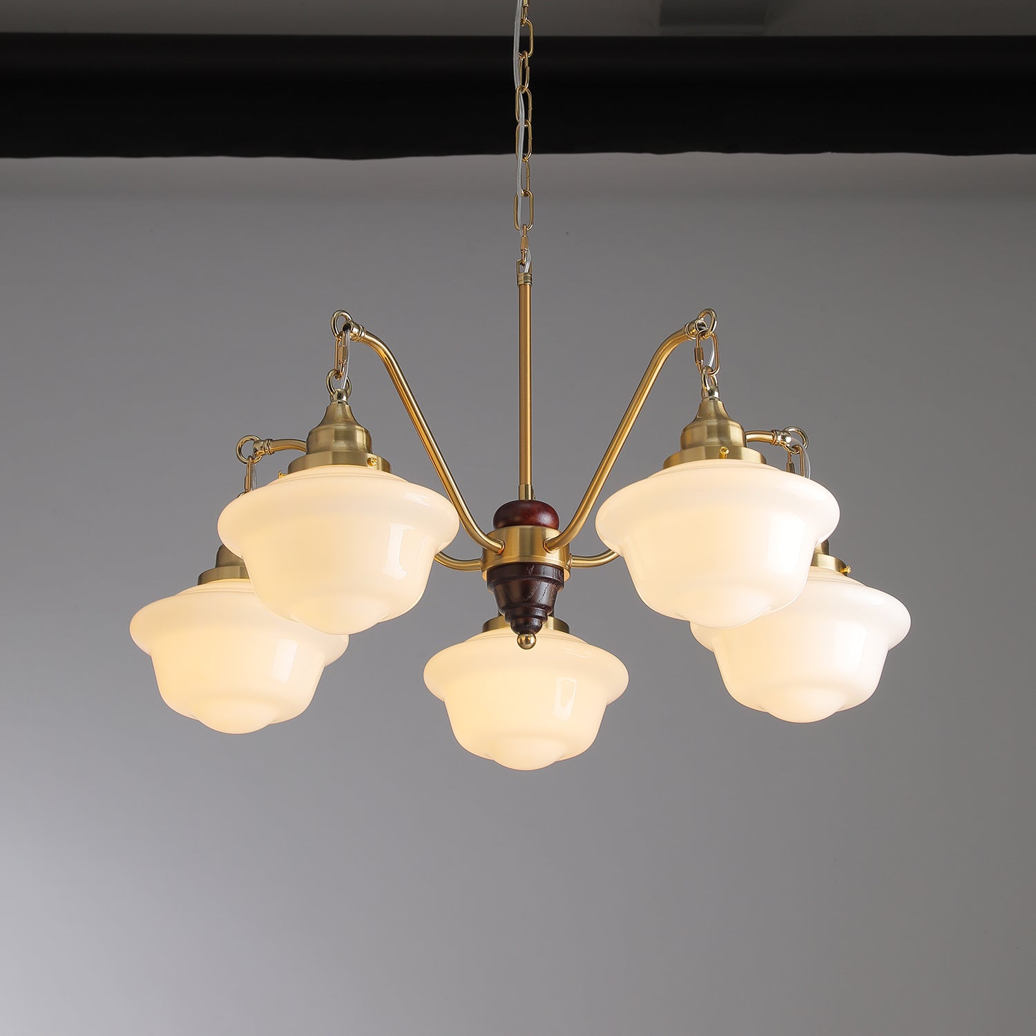 Lustra Chandelier Brass Wood Frosted Glass Classic-Neutral Decor
