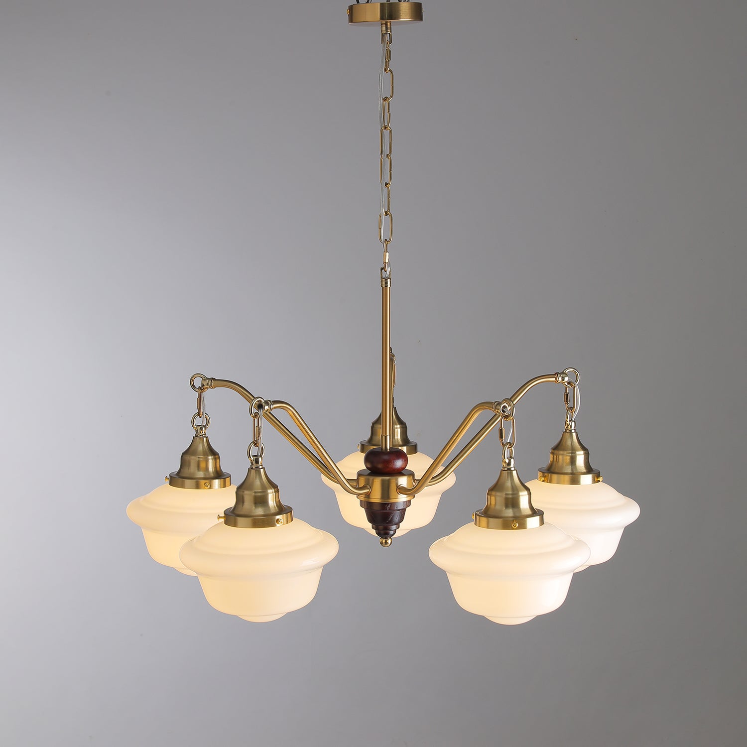 Lustra Chandelier Brass Wood Frosted Glass Classic-Neutral Decor