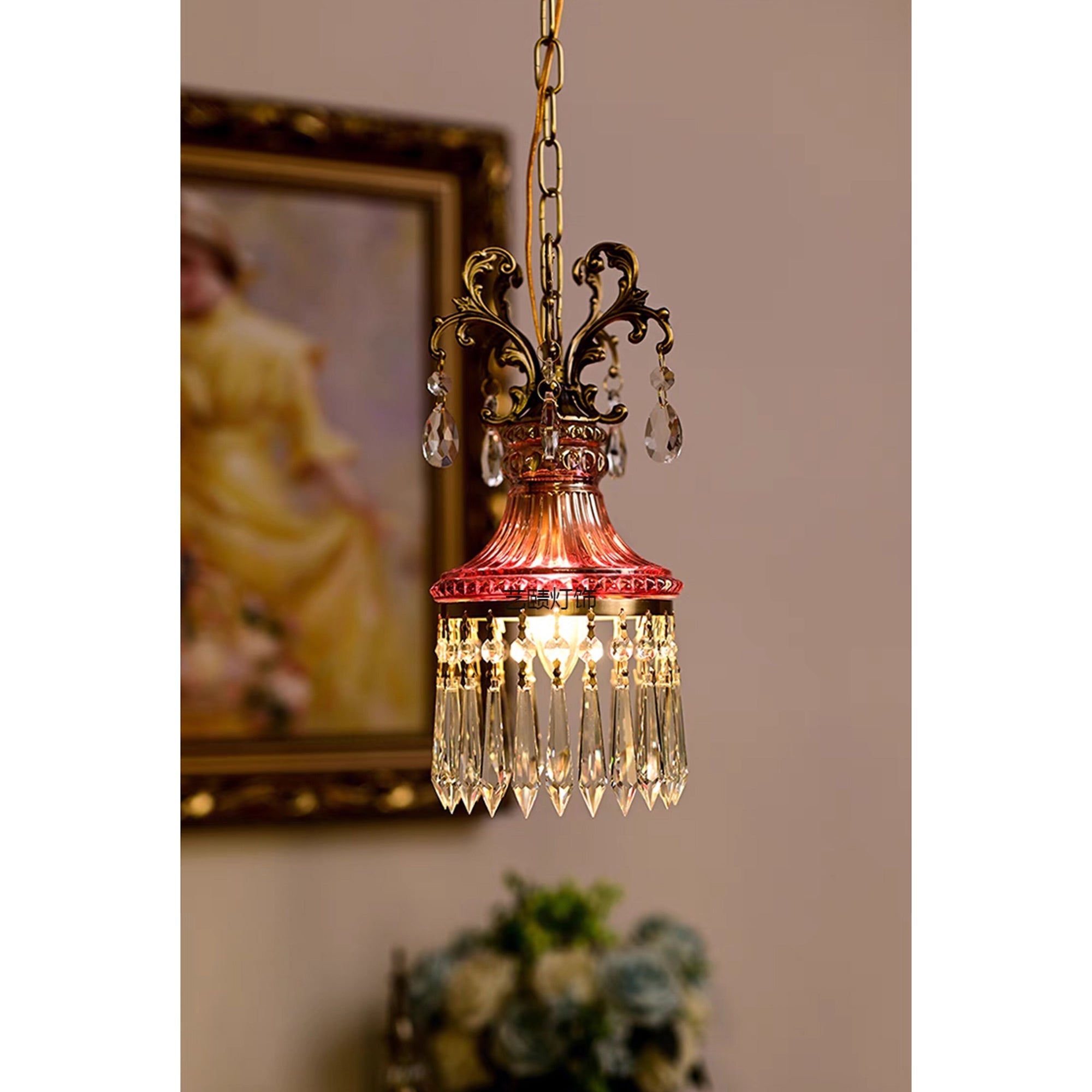 The purplish-red version of the Marquise Crystal Pendant Lamp.