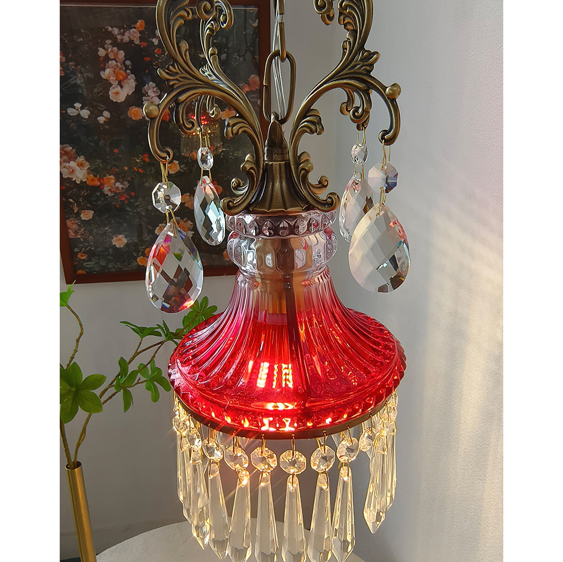 The scalloped edge of the glass shade.