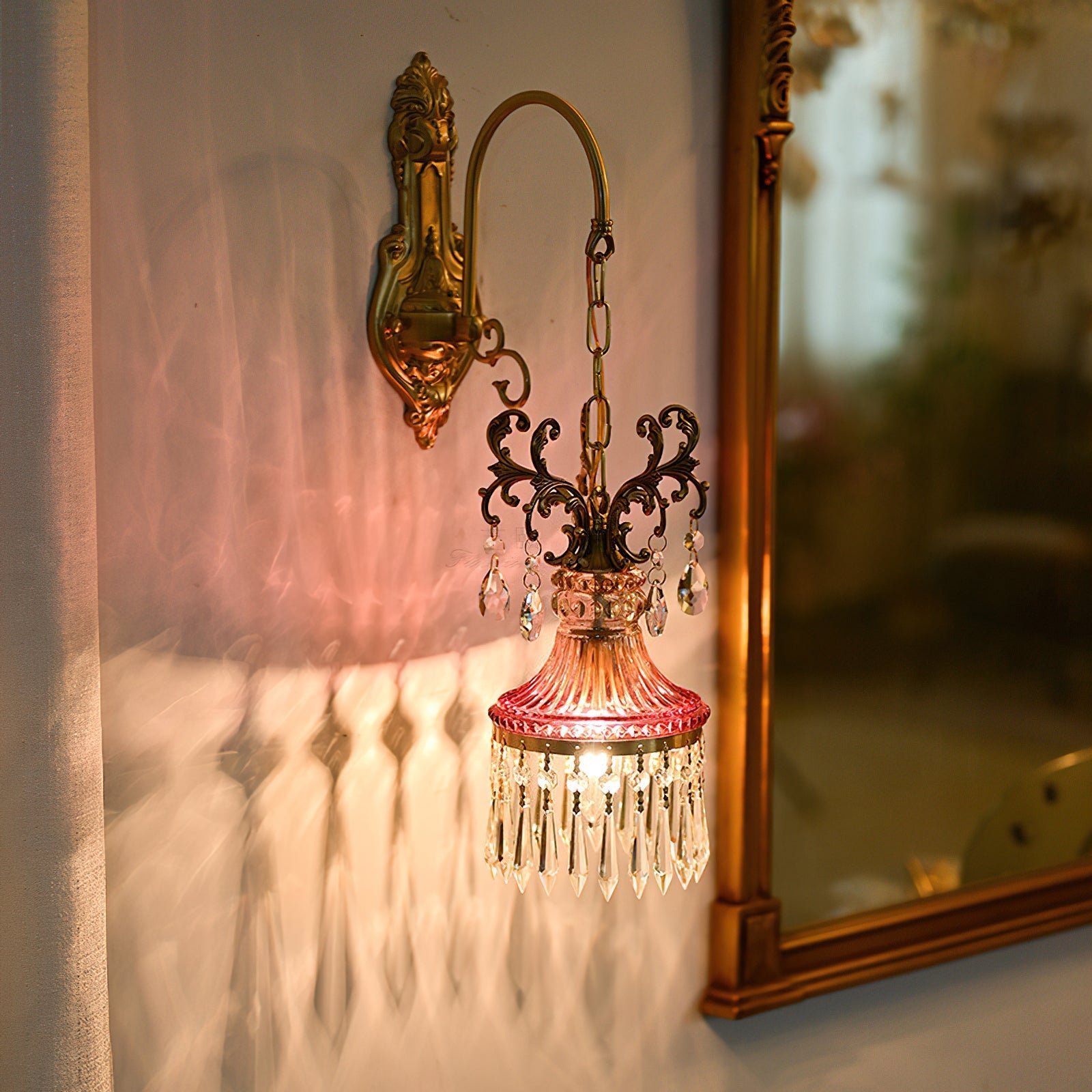 Close-up of the hand-blown ruby red glass shade.