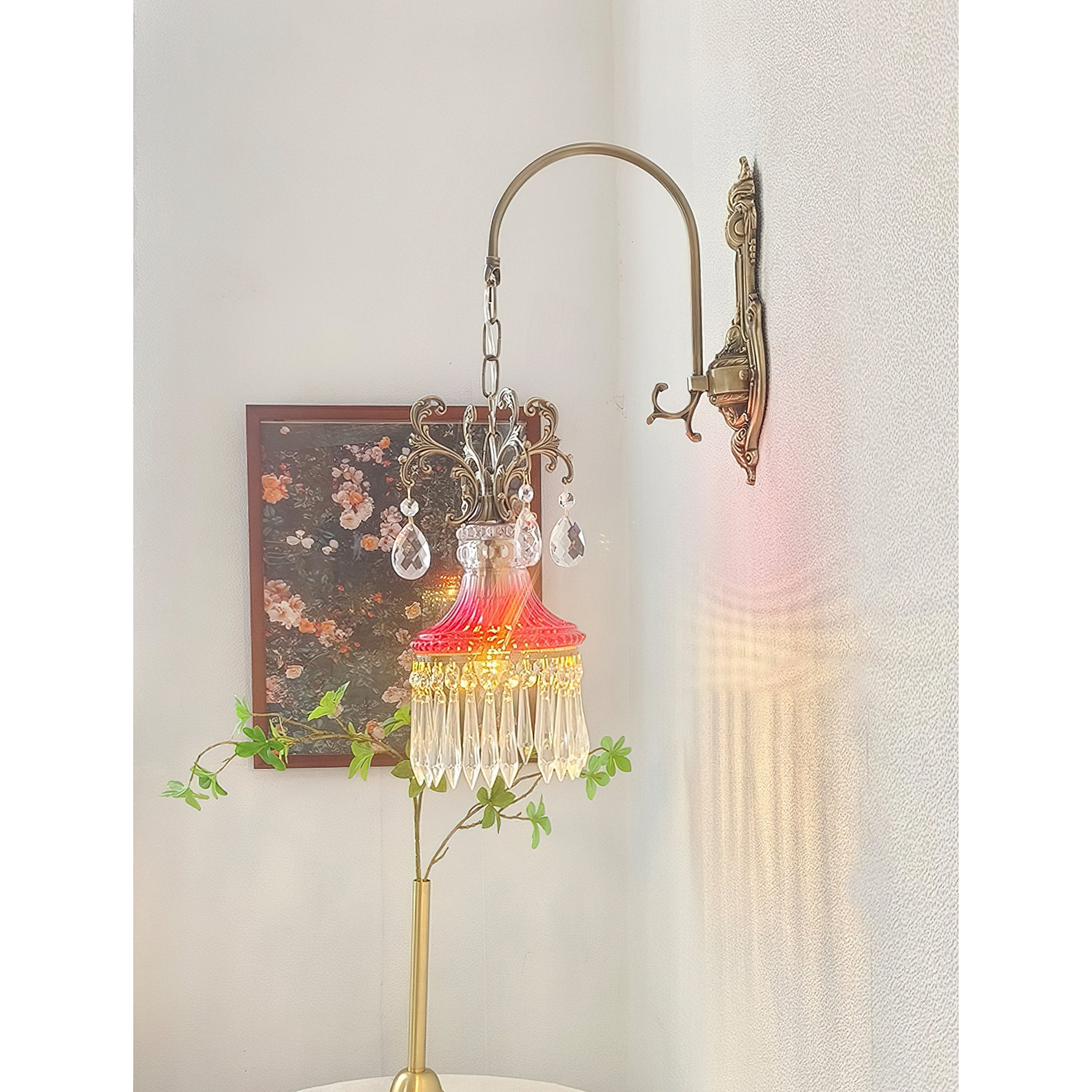 Light from the lamp casting a crystalline glow on the wall.
