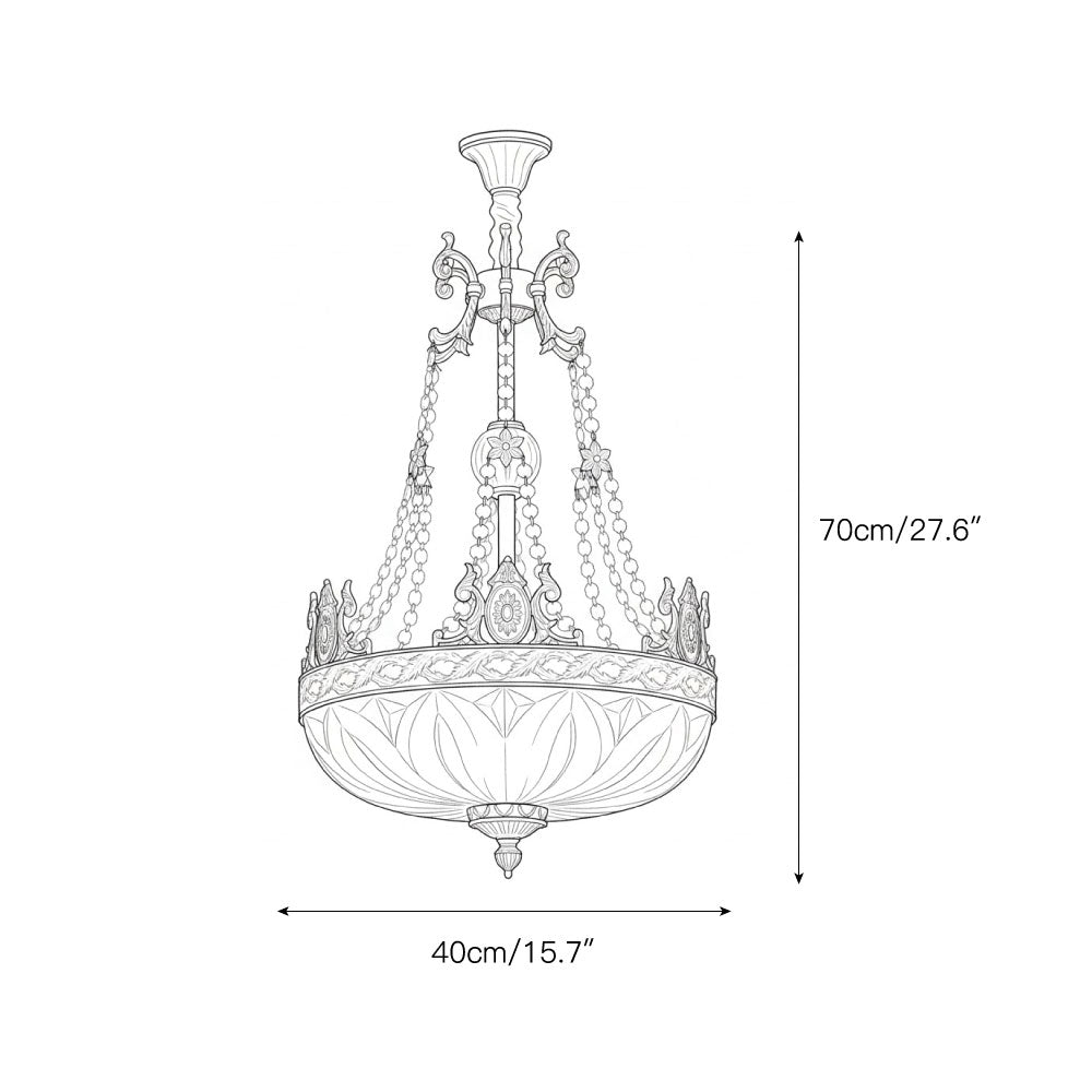 Detail view of the acanthus cresting on the French Empire-style chandelier.