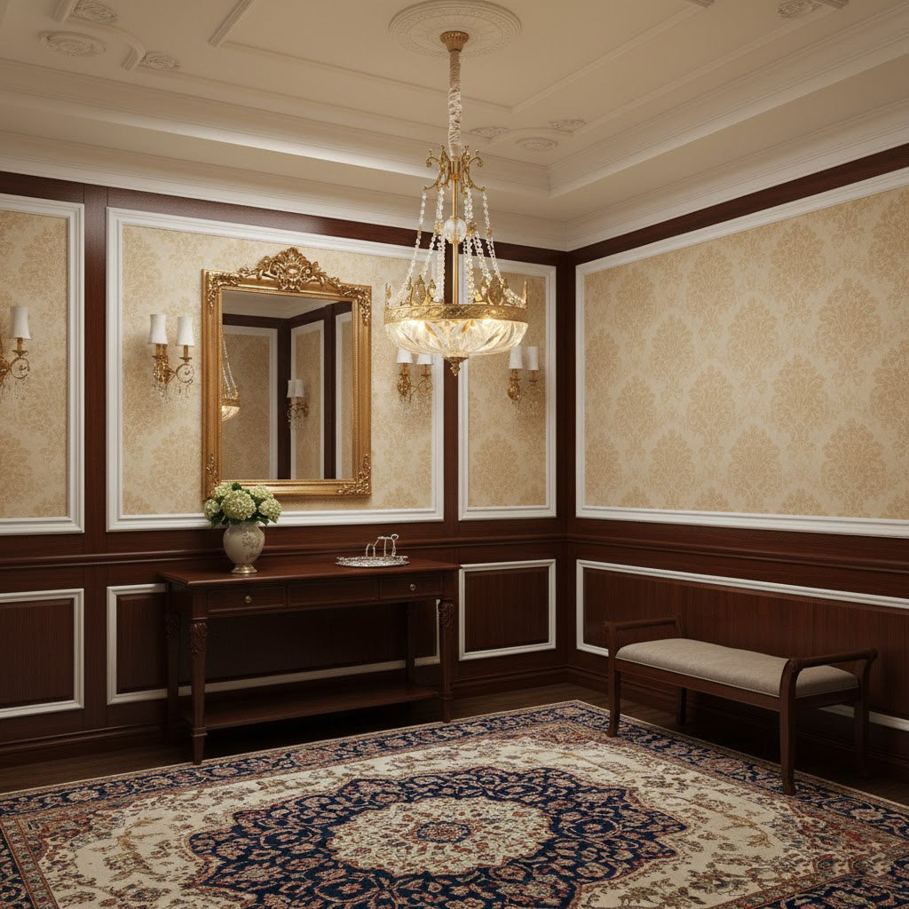 Marselle Chandelier shown illuminated in a traditional living room.