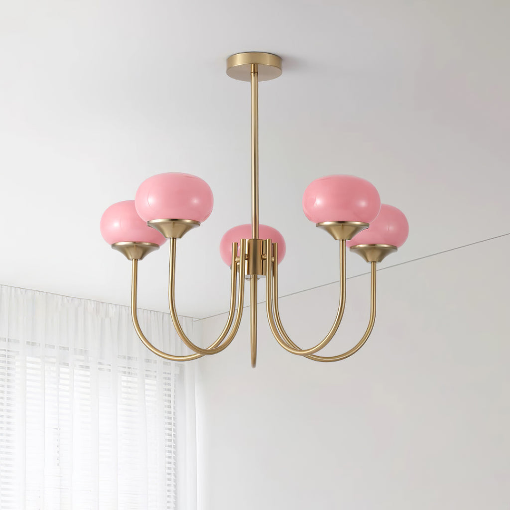 Lustra Chandelier Pink Glass Globe Gold-Neutral Decor