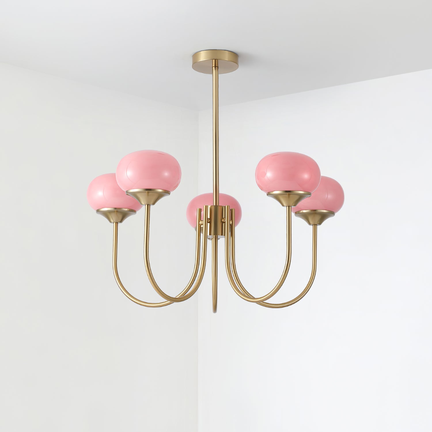 Lustra Chandelier Pink Glass Globe Gold-Neutral Decor