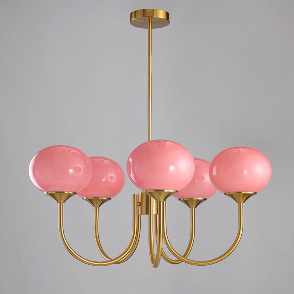 Lustra Chandelier Pink Glass Globe Gold-Neutral Decor