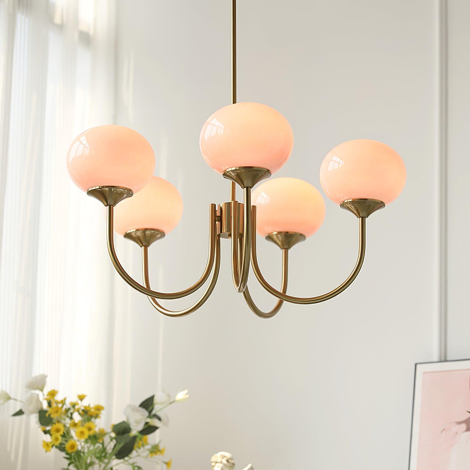 Lustra Chandelier Pink Glass Globe Gold-Neutral Decor