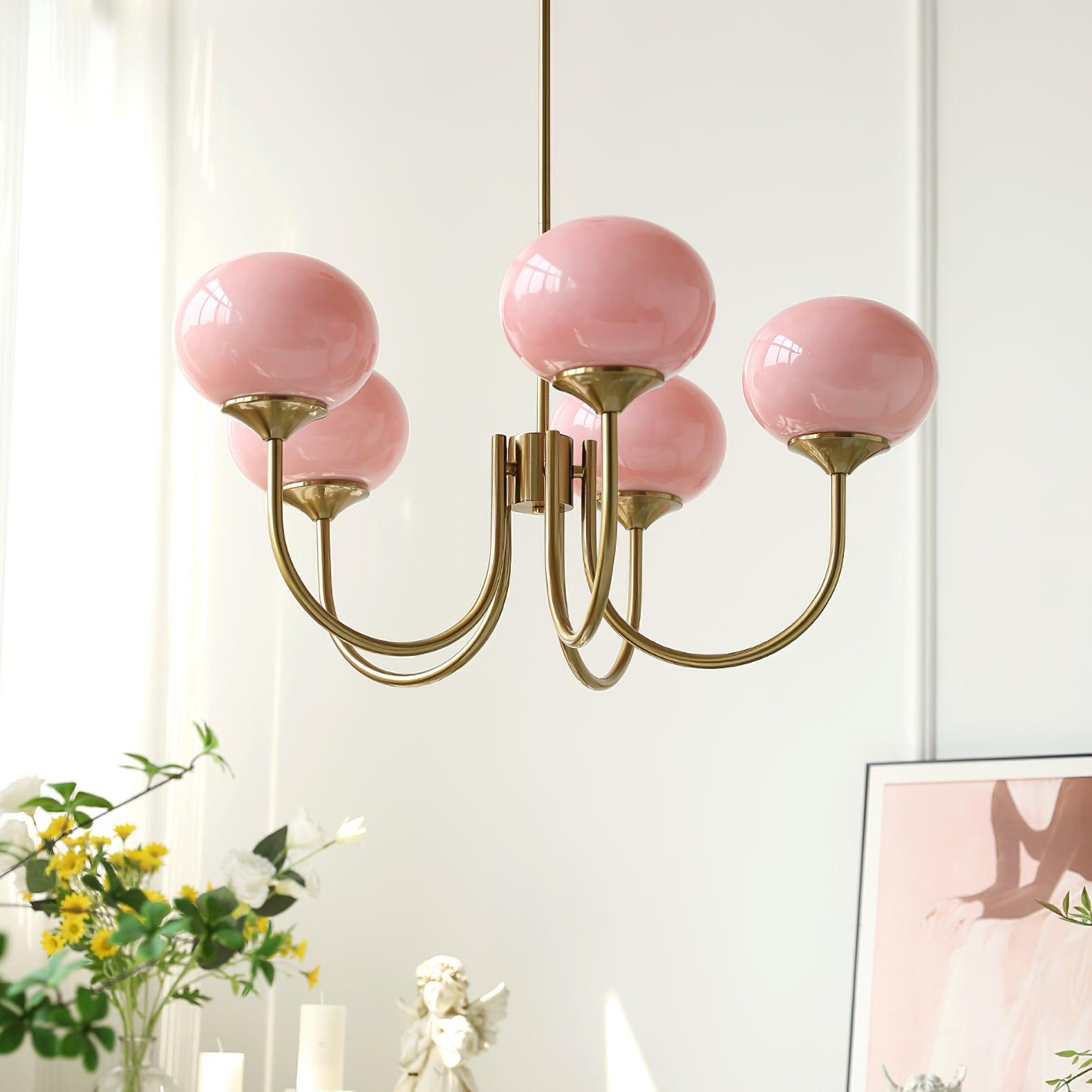 Lustra Chandelier Pink Glass Globe Gold-Neutral Decor