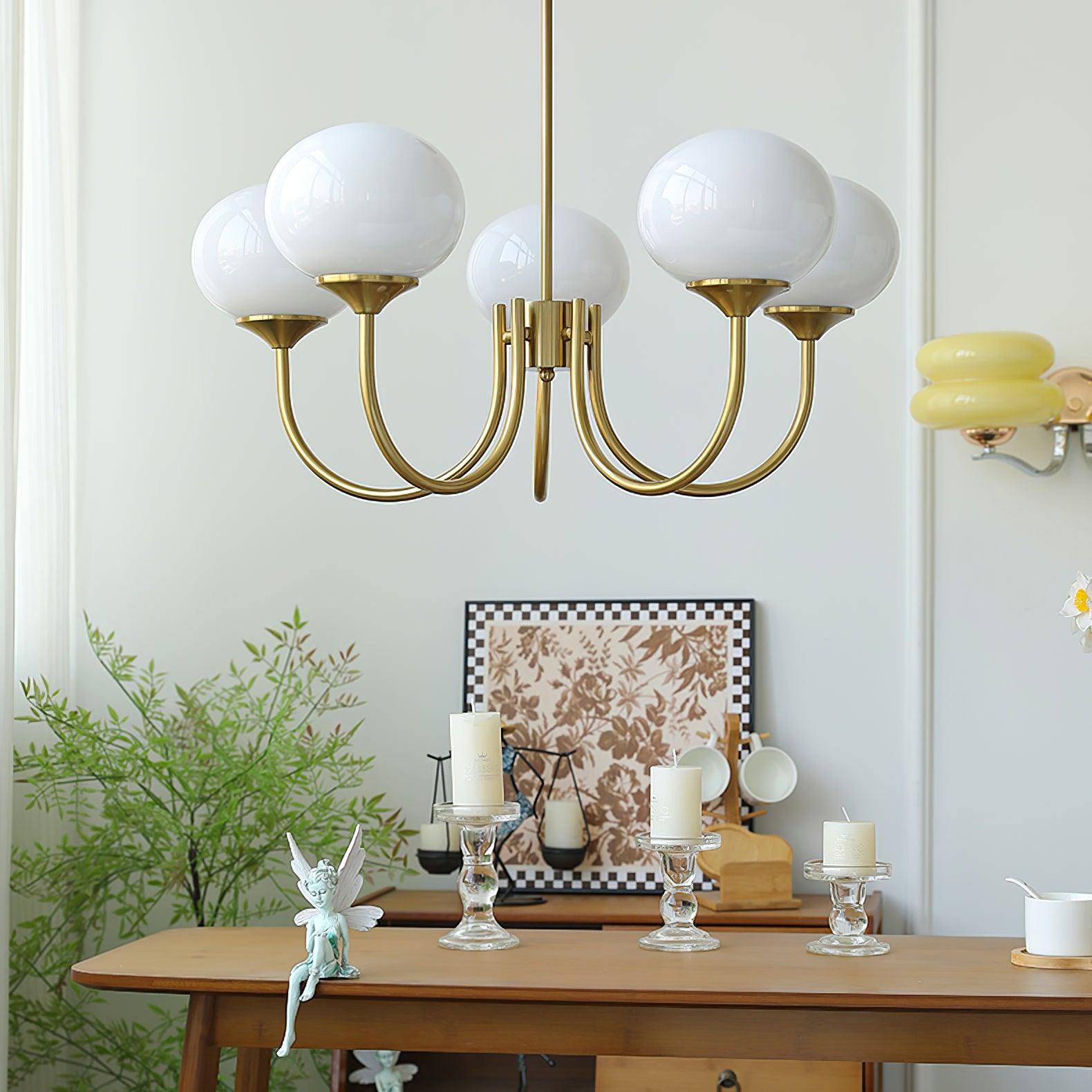 Lustra Chandelier Pink Glass Globe Gold-Neutral Decor