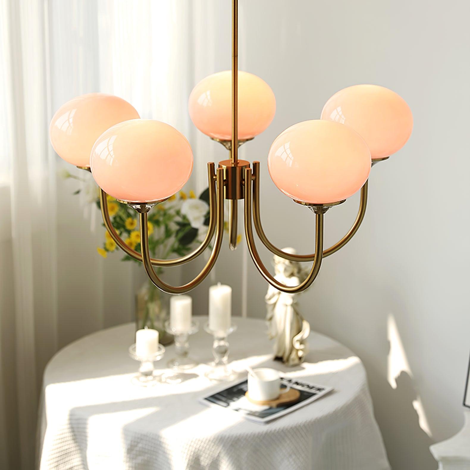 Lustra Chandelier Pink Glass Globe Gold-Neutral Decor