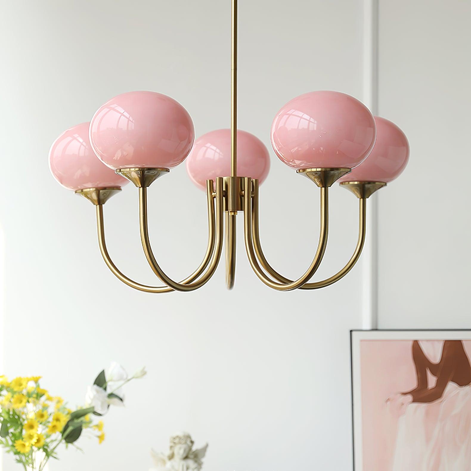 Lustra Chandelier Pink Glass Globe Gold-Neutral Decor