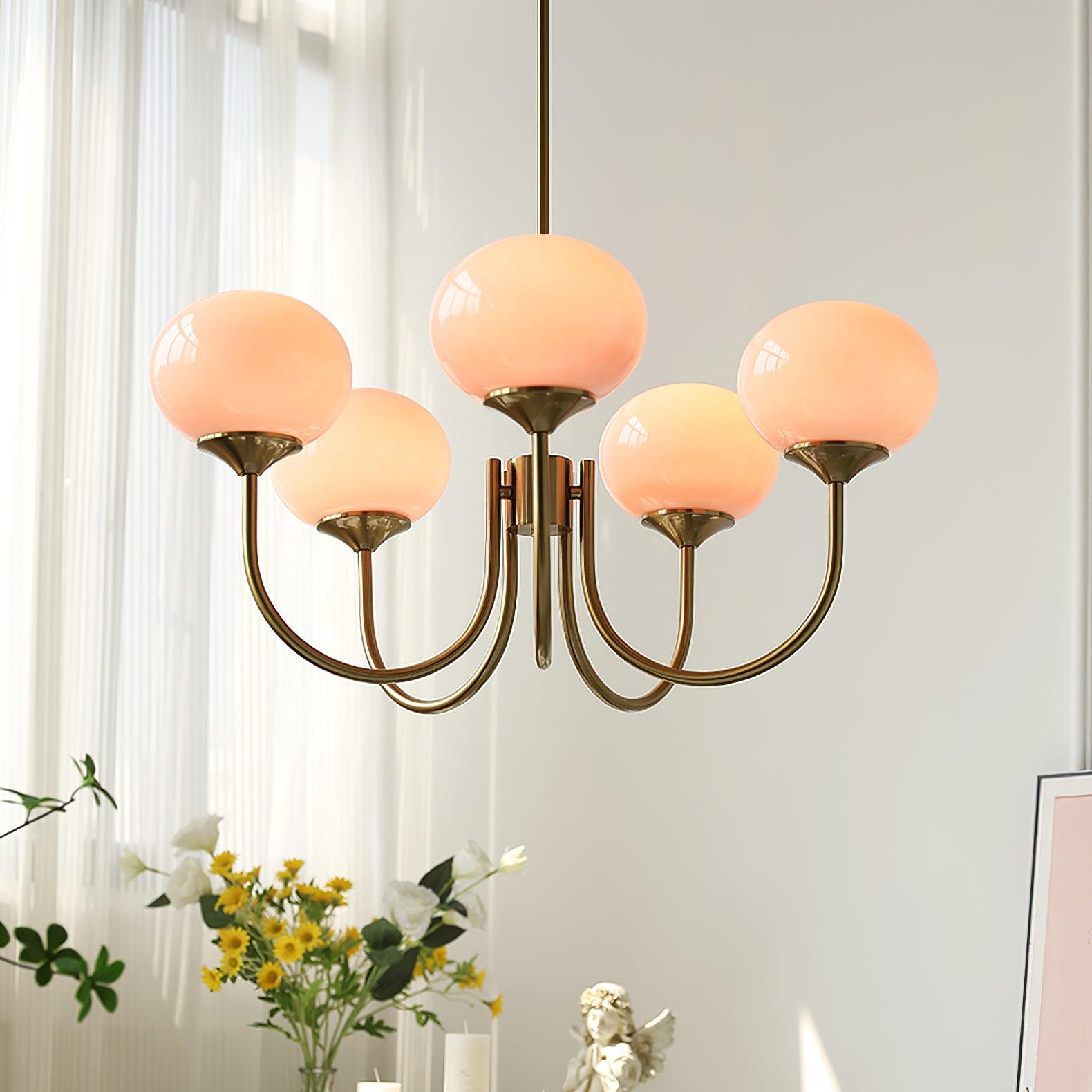 Lustra Chandelier Pink Glass Globe Gold-Neutral Decor