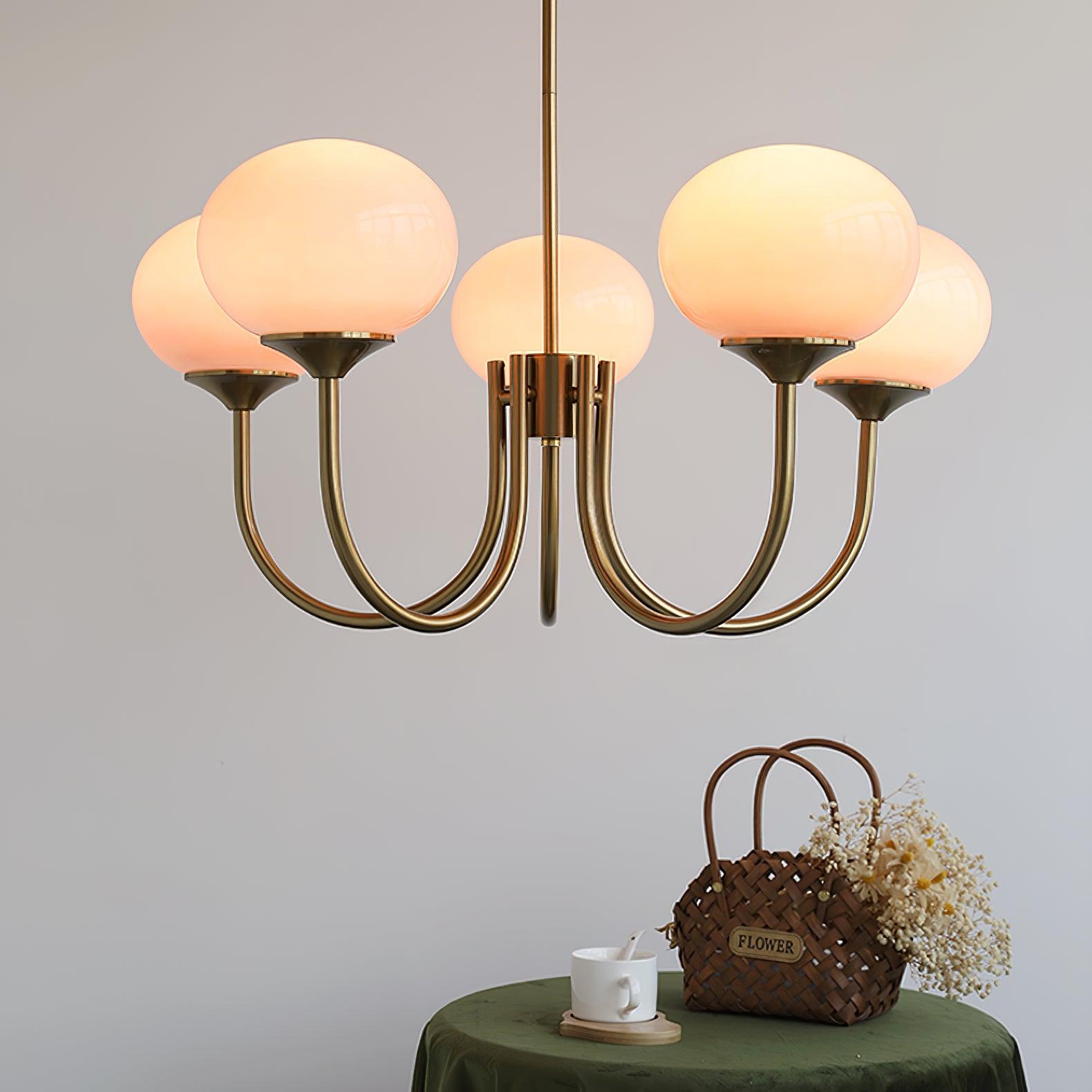 Lustra Chandelier Pink Glass Globe Gold-Neutral Decor