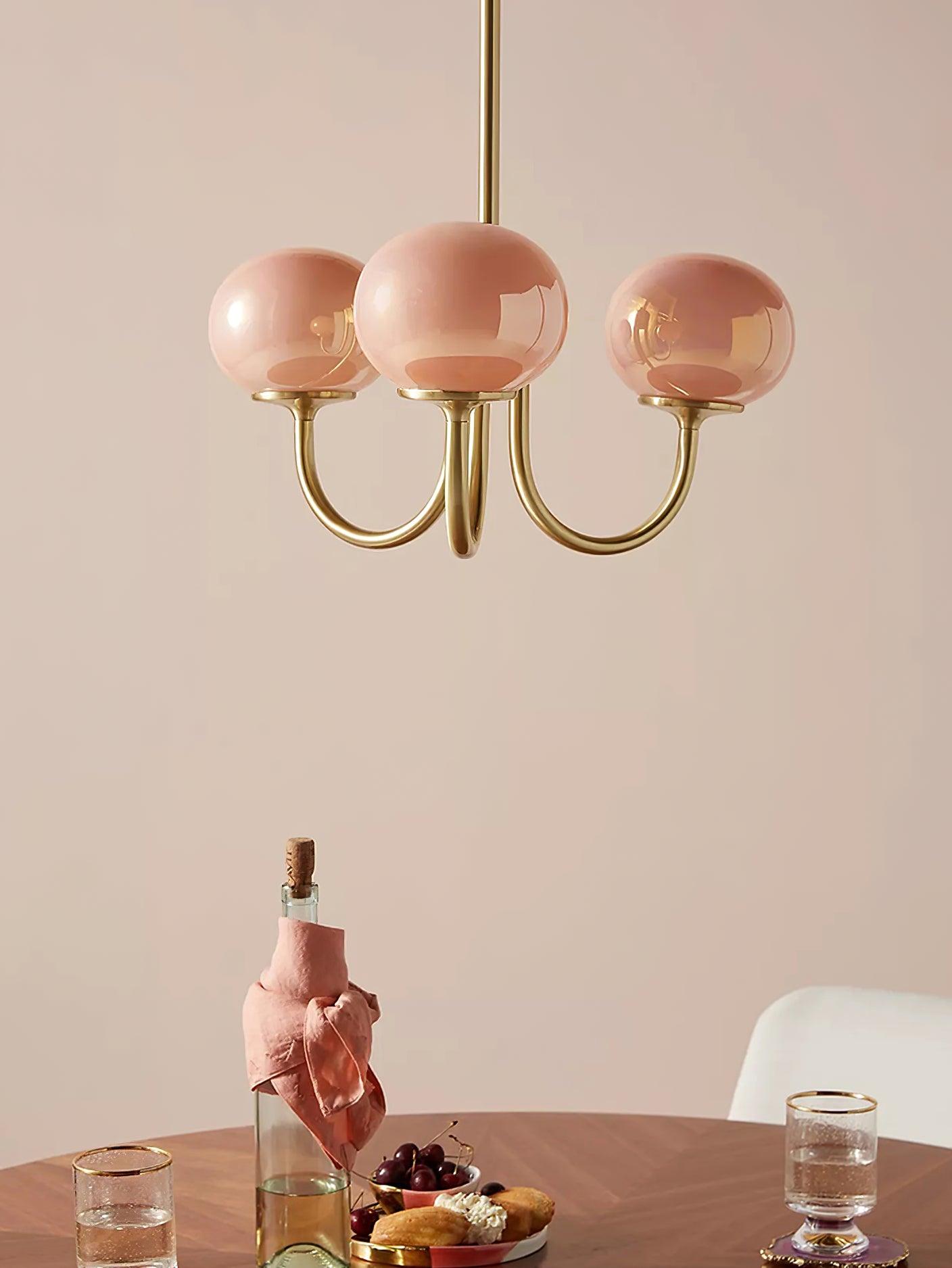 Lustra Chandelier Pink Glass Globe Gold-Neutral Decor