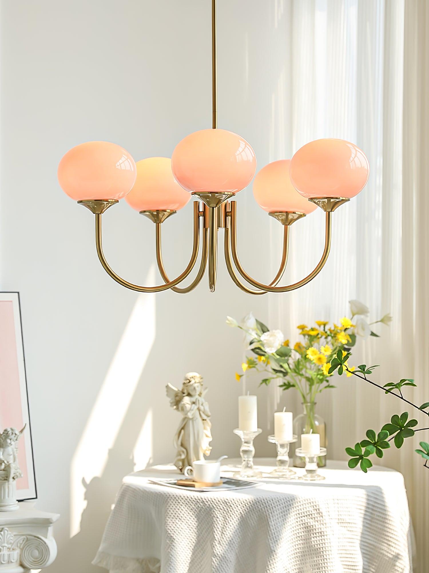 Lustra Chandelier Pink Glass Globe Gold-Neutral Decor