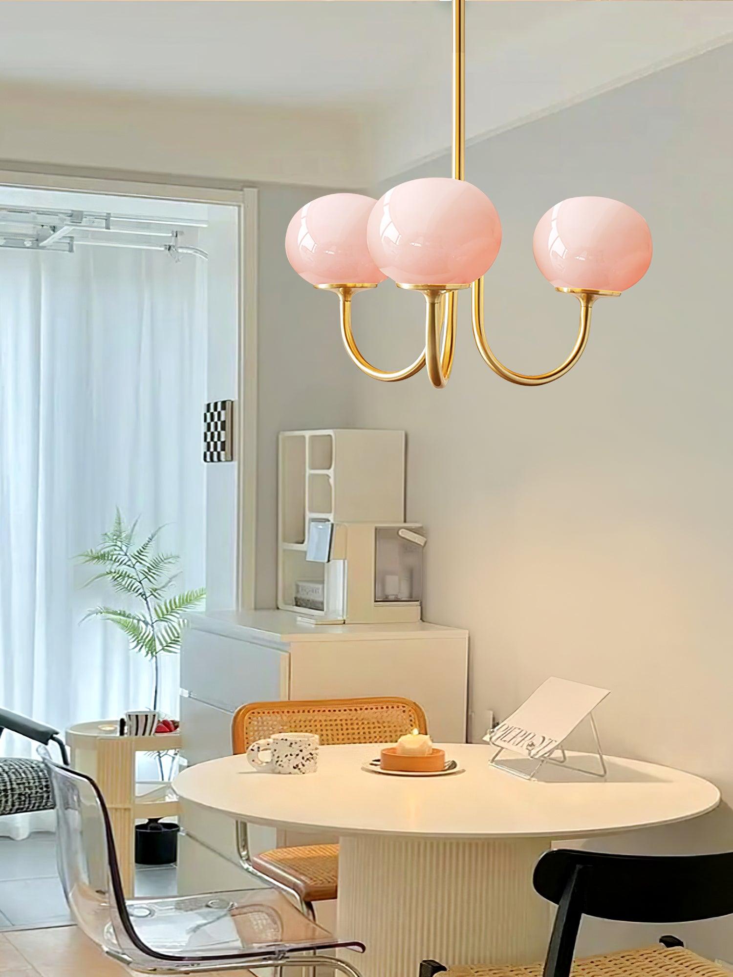 Lustra Chandelier Pink Glass Globe Gold-Neutral Decor