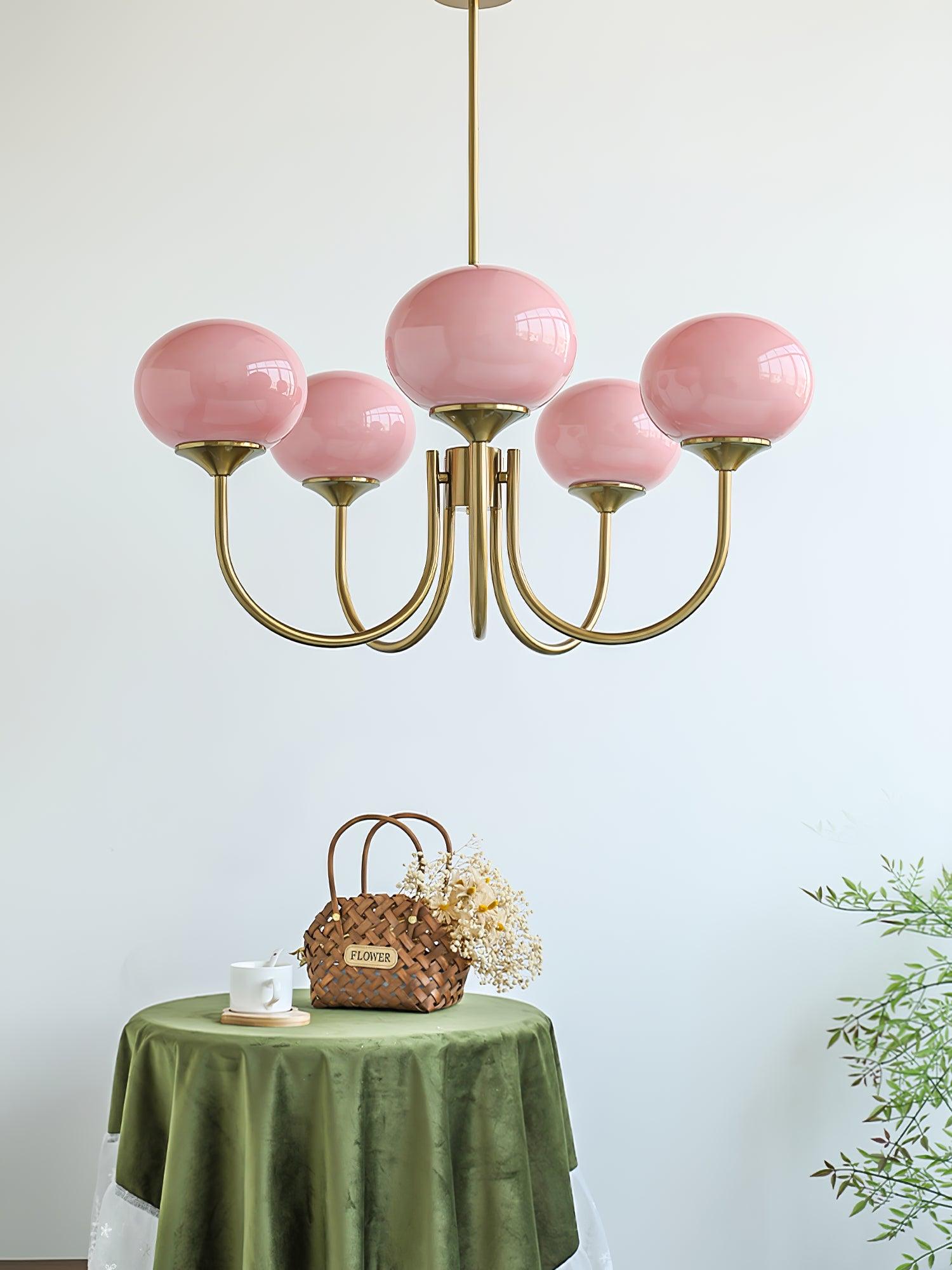 Lustra Chandelier Pink Glass Globe Gold-Neutral Decor