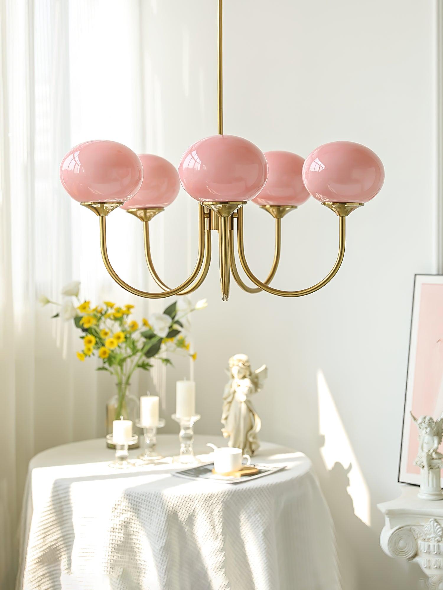 Lustra Chandelier Pink Glass Globe Gold-Neutral Decor