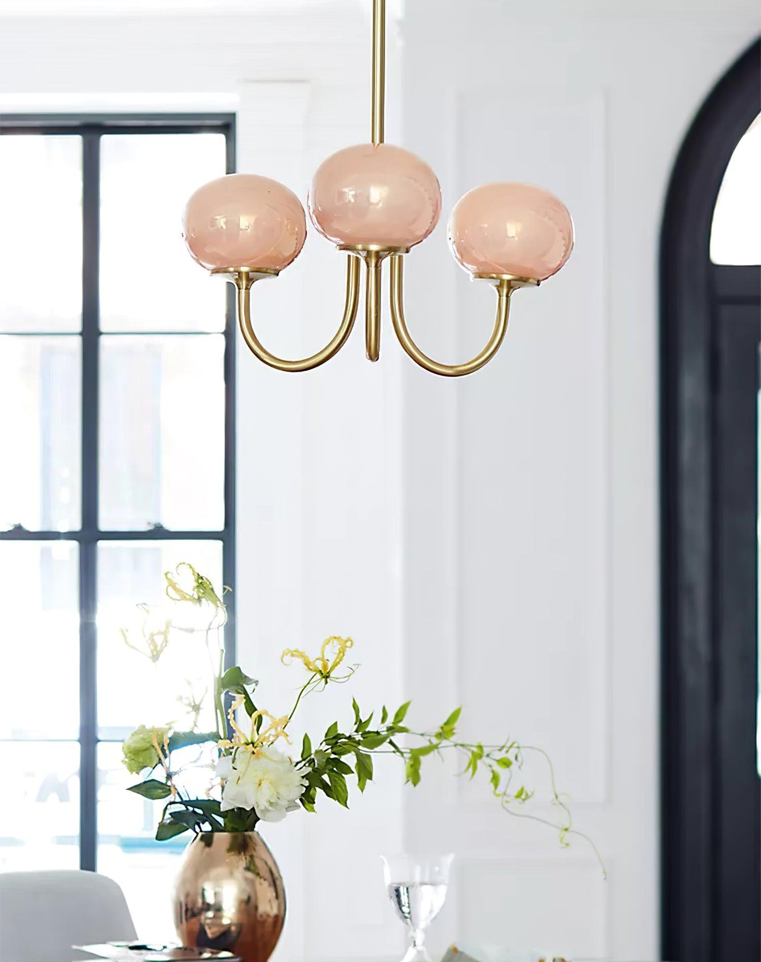 Lustra Chandelier Pink Glass Globe Gold-Neutral Decor