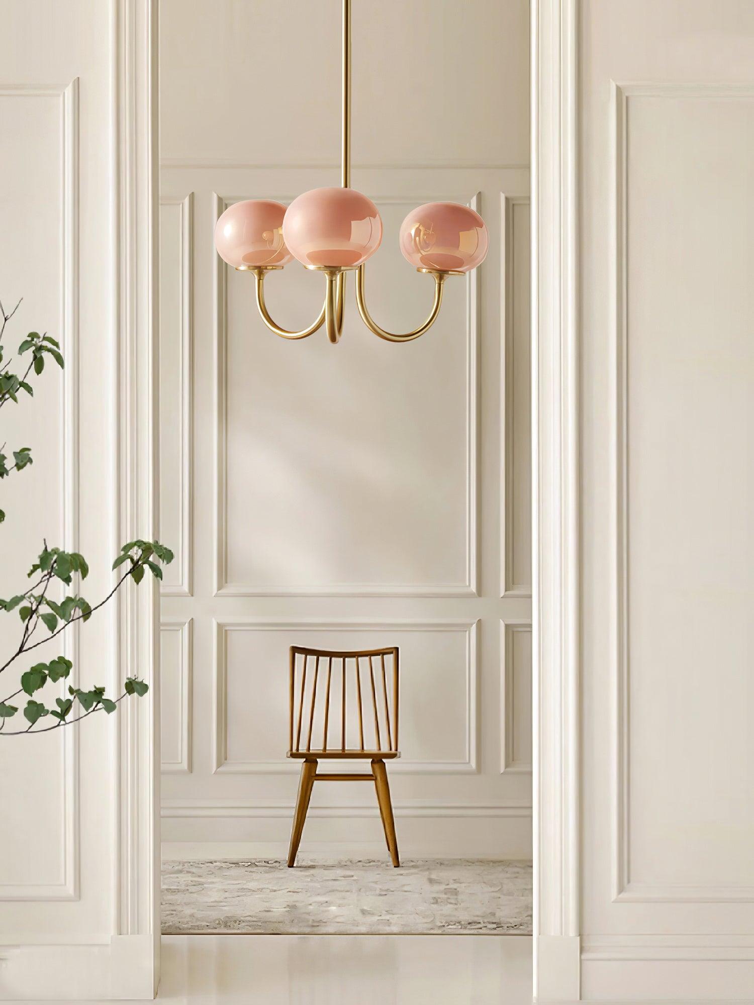 Lustra Chandelier Pink Glass Globe Gold-Neutral Decor
