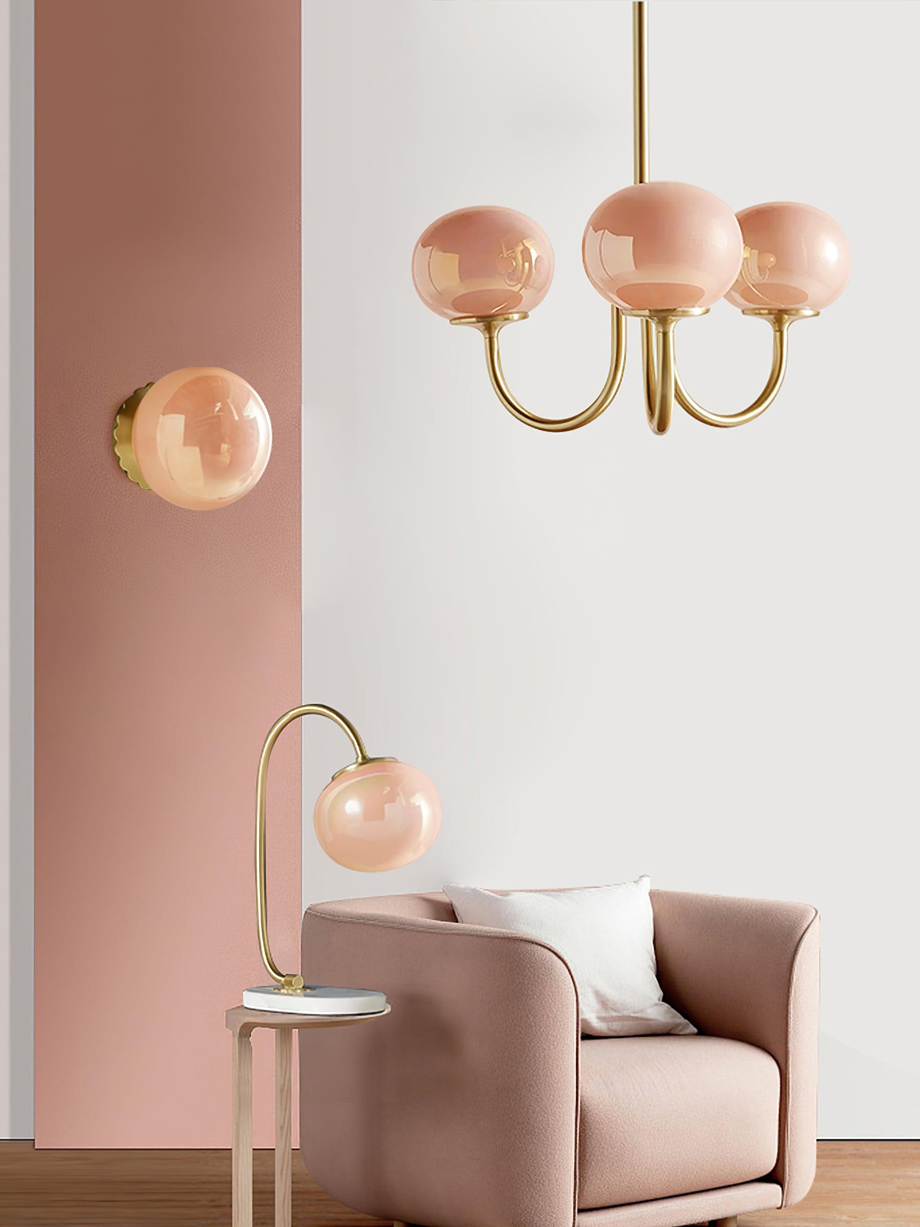 Lustra Chandelier Pink Glass Globe Gold-Neutral Decor