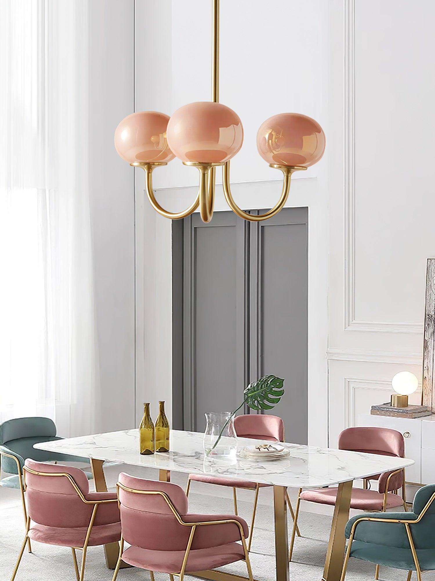Lustra Chandelier Pink Glass Globe Gold-Neutral Decor